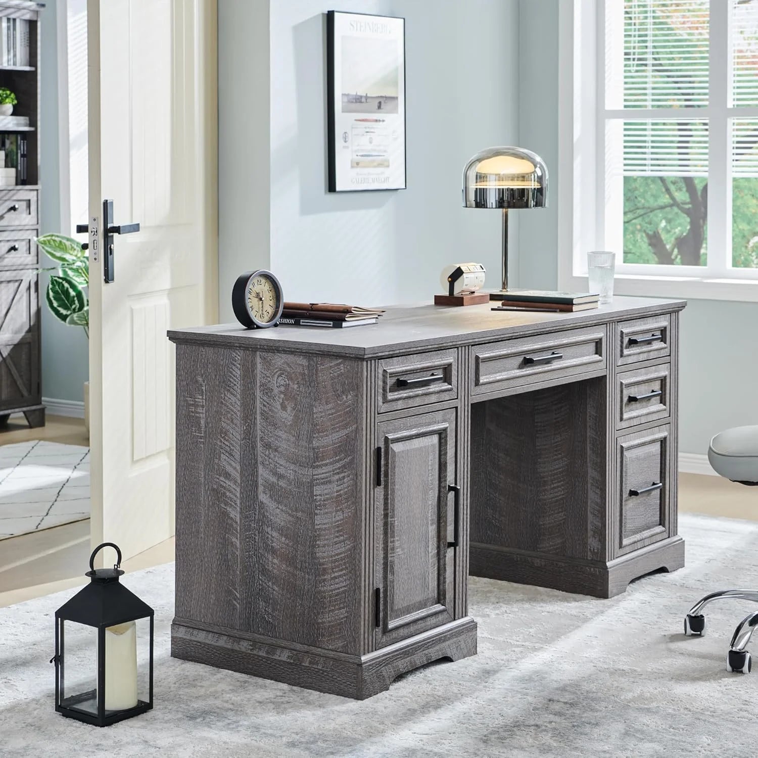 T4TREAM Farmhouse Wood 58 Executive Desk. Home Office 30 High Computer Desk with Drawers and Storage Cabinet. White