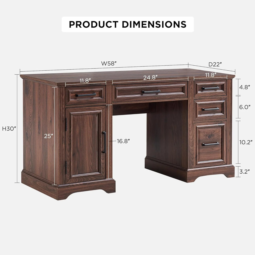 T4TREAM Farmhouse Wood 58 Executive Desk. Home Office 30 High Computer Desk with Drawers and Storage Cabinet. White
