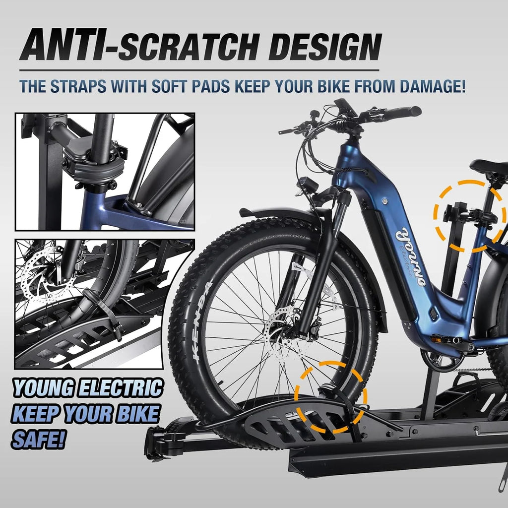 Young Electric Ebike Rack. 200lb Capacity. Alloy Steel Hitch Mount. Fits 5-Inch Fat Tire Bikes. 2-Inch Receiver