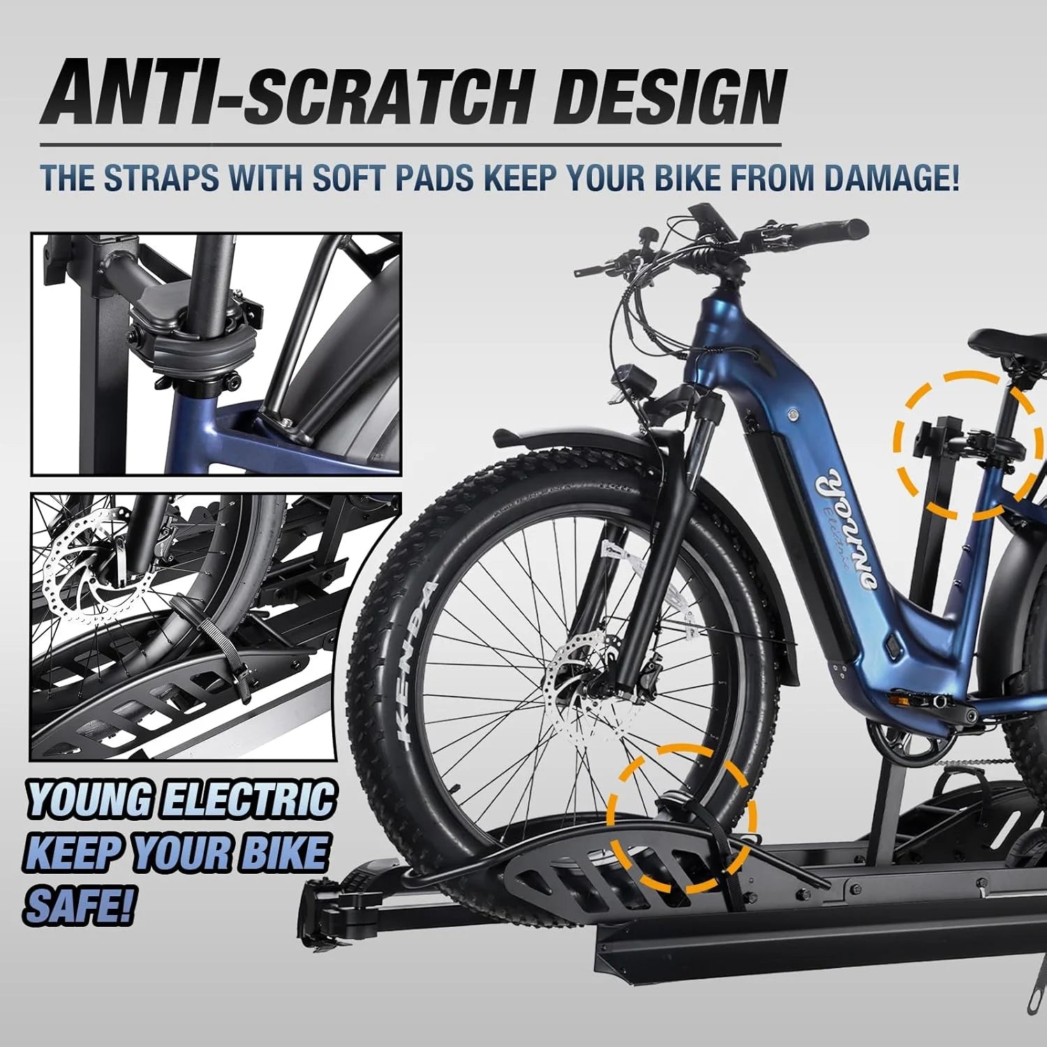 Young Electric Ebike Rack. 200lb Capacity. Alloy Steel Hitch Mount. Fits 5-Inch Fat Tire Bikes. 2-Inch Receiver