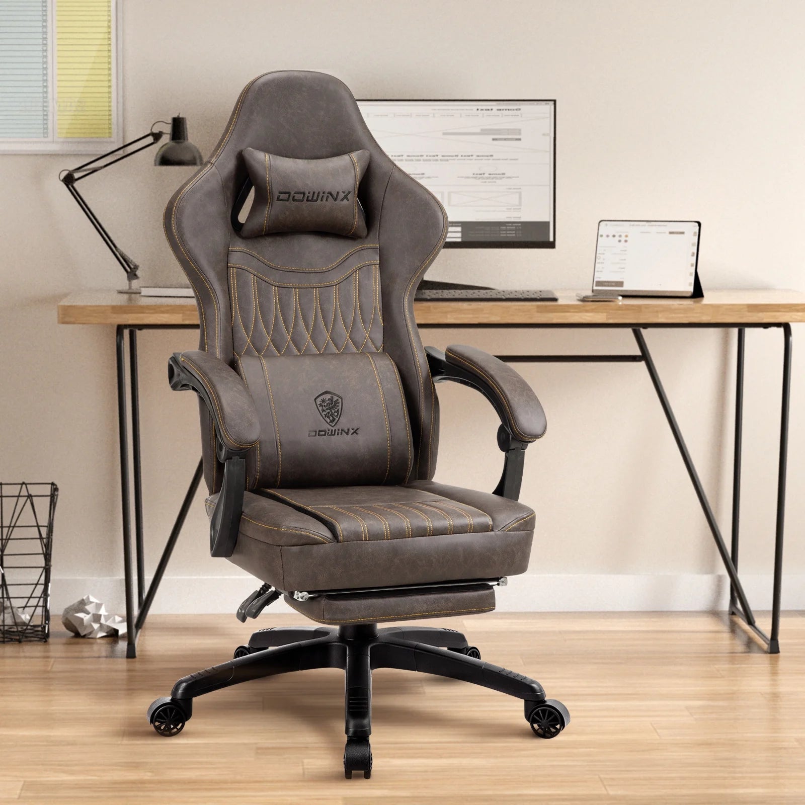 Dowinx Gaming Chair Breathable PU Leather Gamer Chair with Pocket Spring Cushion. Ergonomic Computer Chair with Massage Lumbar Support.Adjustable Swivel Task Chair with Footrest(Brown)