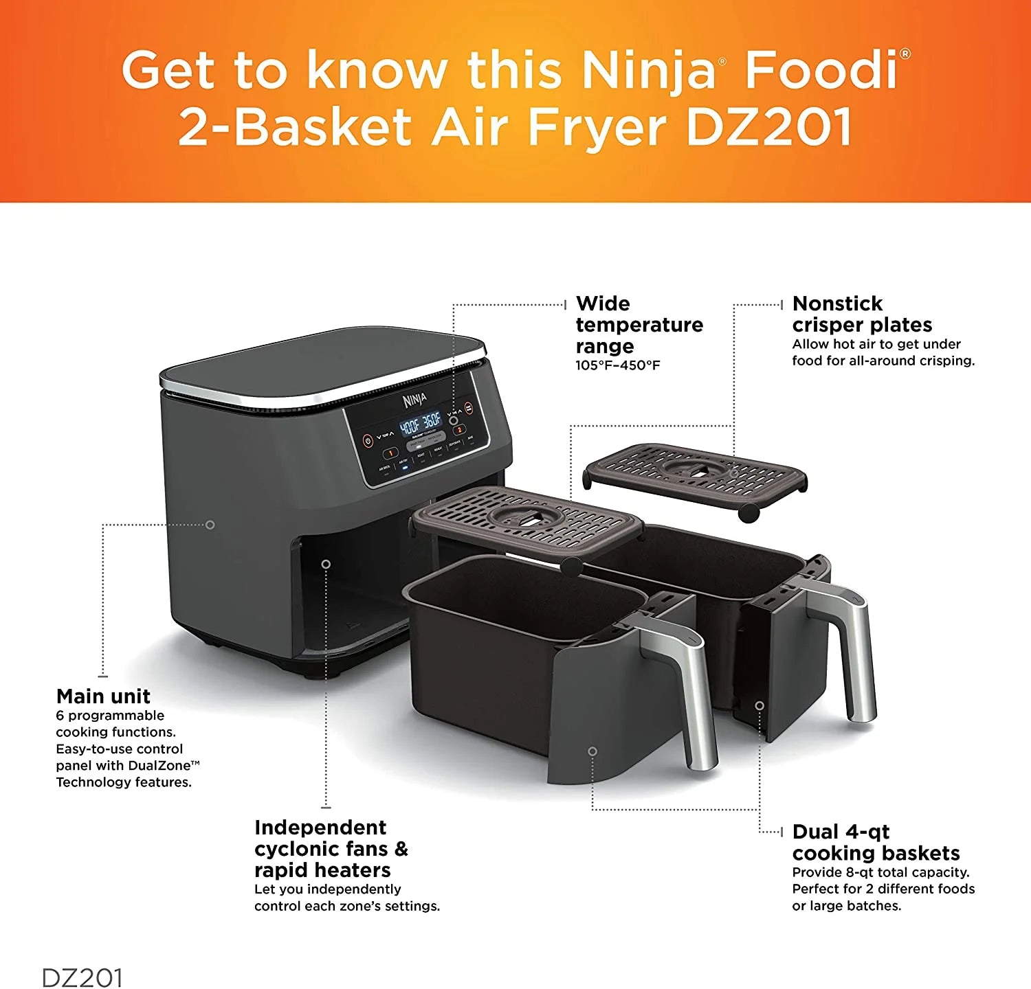 Restored Ninja DZ201 Foodi 6-in-1 2-Basket Air Fryer with DualZone Technology. 8-Quart Capacity. and a Dark Grey Stainless Finish (Refurbished)