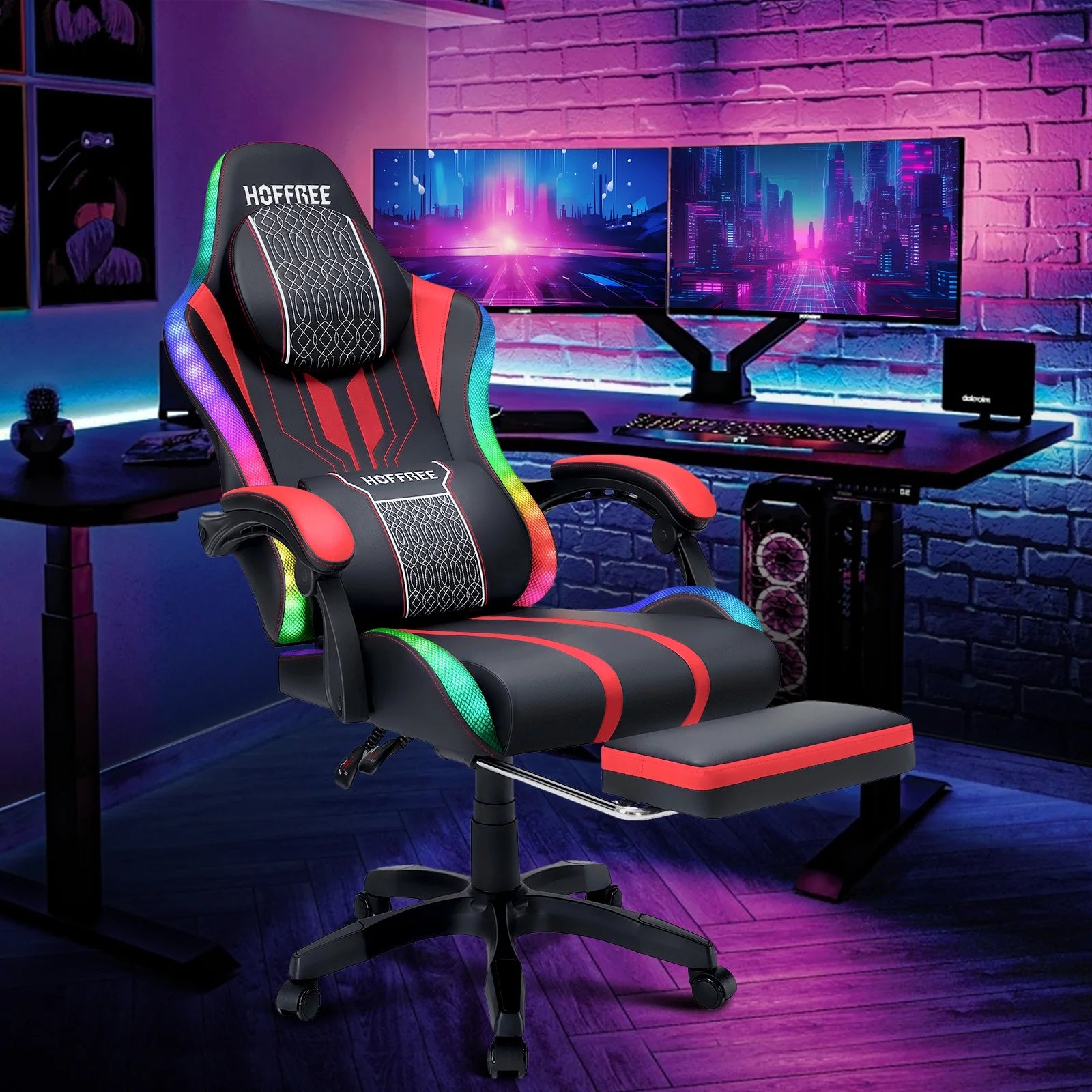 HOFFREE Big and Tall Gaming Chair with Speakers and RGB Lights. Gamer Chair with Footrest. Lumbar Support Height Adjustable 360-Swivel Seat and Headrest for Adults. 400lbs