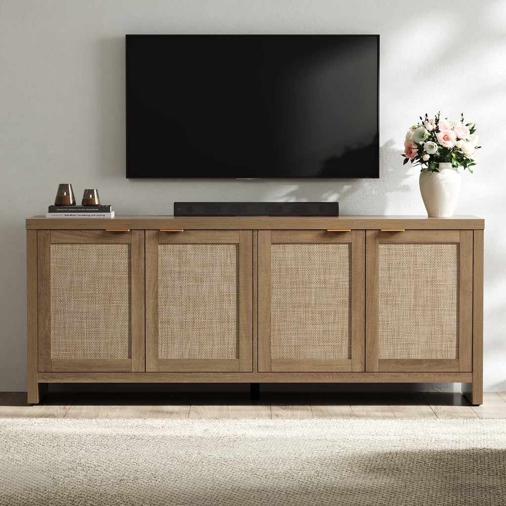 SICOTAS 61.5W Rattan TV Stand with 4 Doors. Boho Entertainment Center with Adjustable Shelves & Spacious Countertop �C Large Boho Farmhouse Media Console for Living Room. Reclaimed Caramel Oak