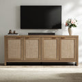 SICOTAS 61.5W Rattan TV Stand with 4 Doors. Boho Entertainment Center with Adjustable Shelves & Spacious Countertop �C Large Boho Farmhouse Media Console for Living Room. Reclaimed Caramel Oak