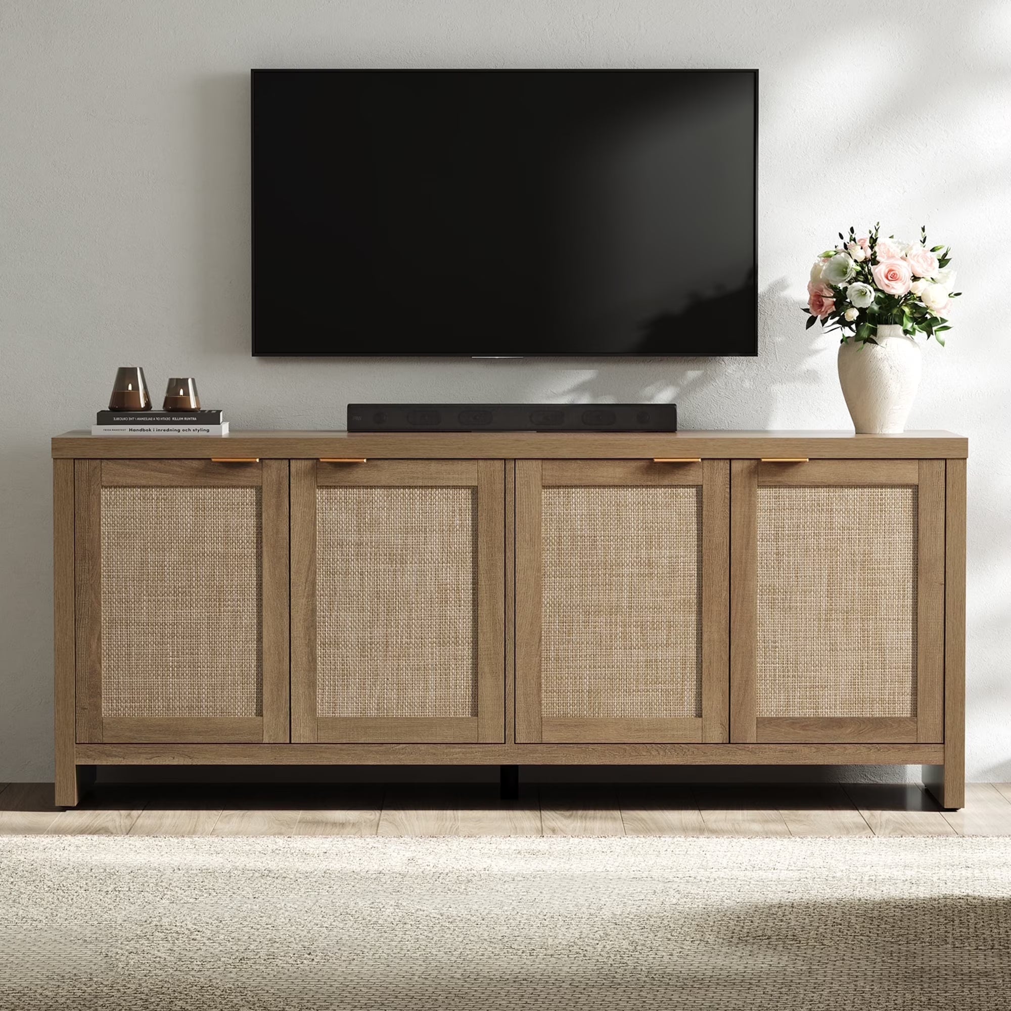 SICOTAS 61.5W Rattan TV Stand with 4 Doors. Boho Entertainment Center with Adjustable Shelves & Spacious Countertop �C Large Boho Farmhouse Media Console for Living Room. Reclaimed Caramel Oak