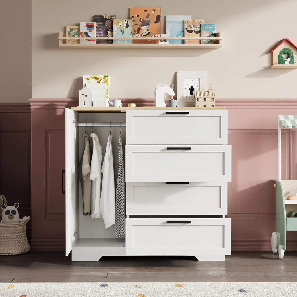 43.3 H Armoire Wardrobe Closet with 4 Drawers & Hanging Rod. Multifunctional Wood Storage Cabinet for Bedroom. Natural Oak