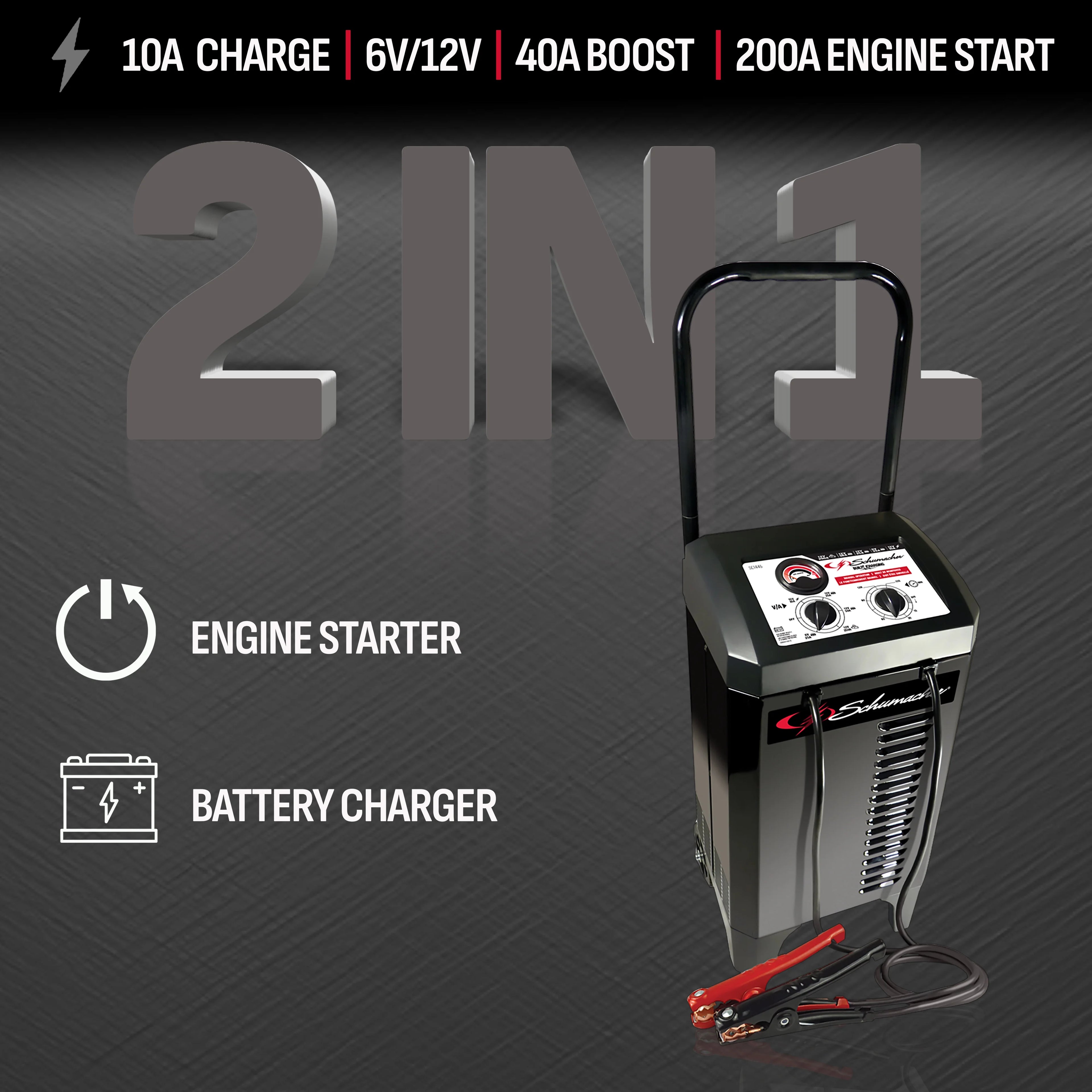 Schumacher Electric Wheeled Manual 10A Car Battery Charger and 200A Engine Starter. 40A Boost. 6V/12V Sport. Auto. and Marine Batteries. SC1446