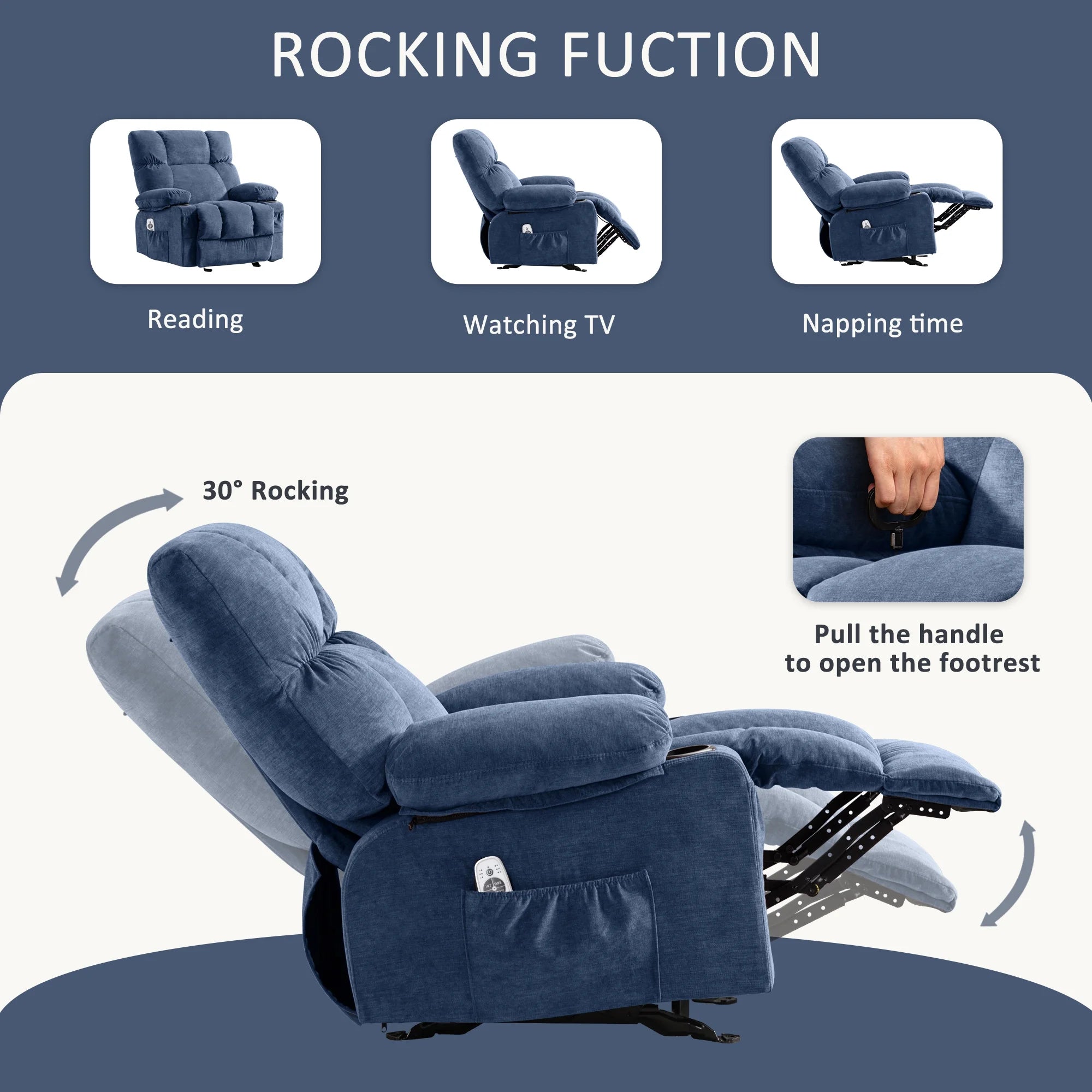 JONPONY Manual Recliner Chair with Heat Therapy and Massage Function. Heavy Duty Reclining Mechanism Massage Chair. Elderly Single Rocker Sofa with Cup Holders for Bedroom Home Theater.Grey