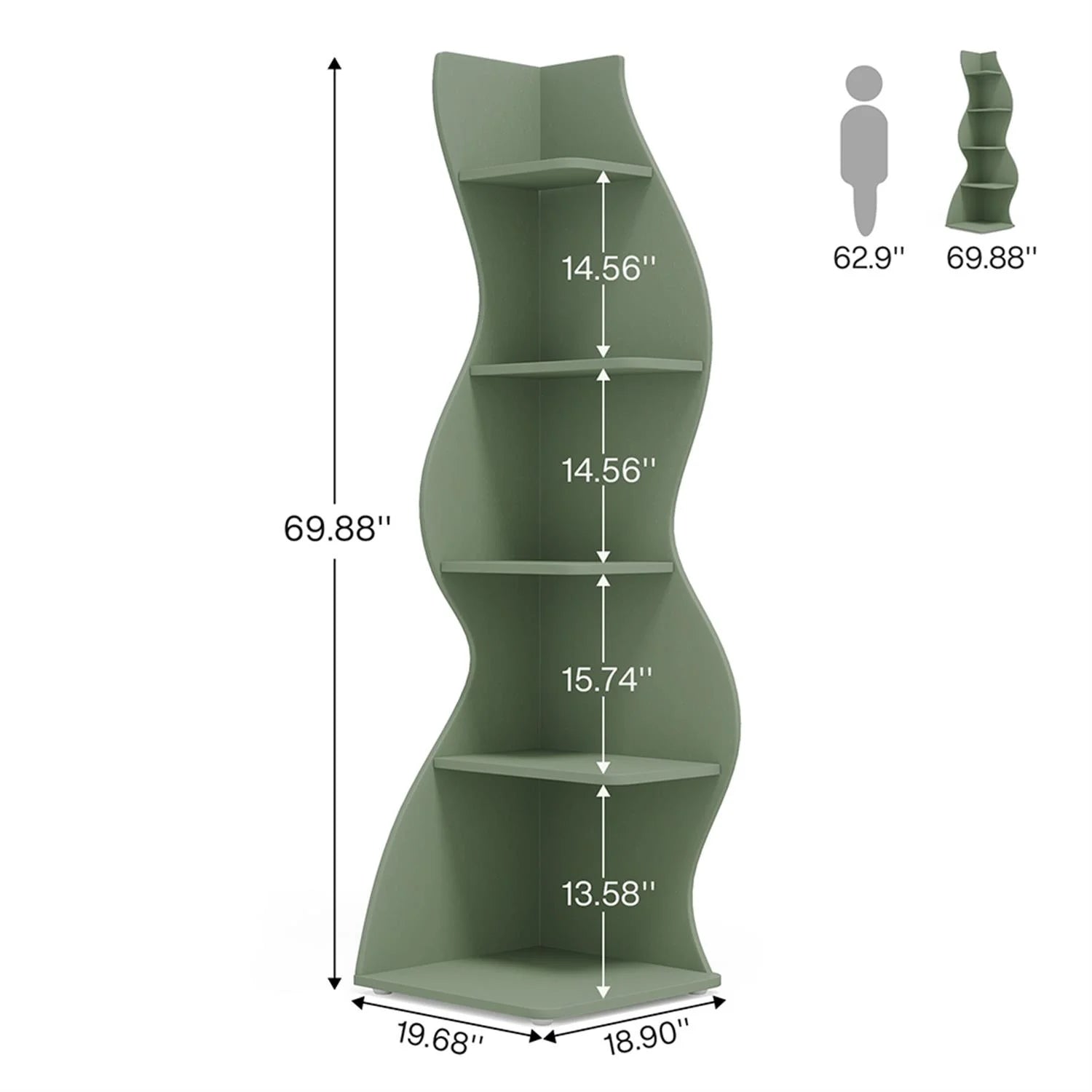 Finihen 5-Tier Corner Bookcase. Wood Bookshelf Storage Organizer. 70 Tall Display Standing Shelf Unit for Bedroom. Living Room. Green