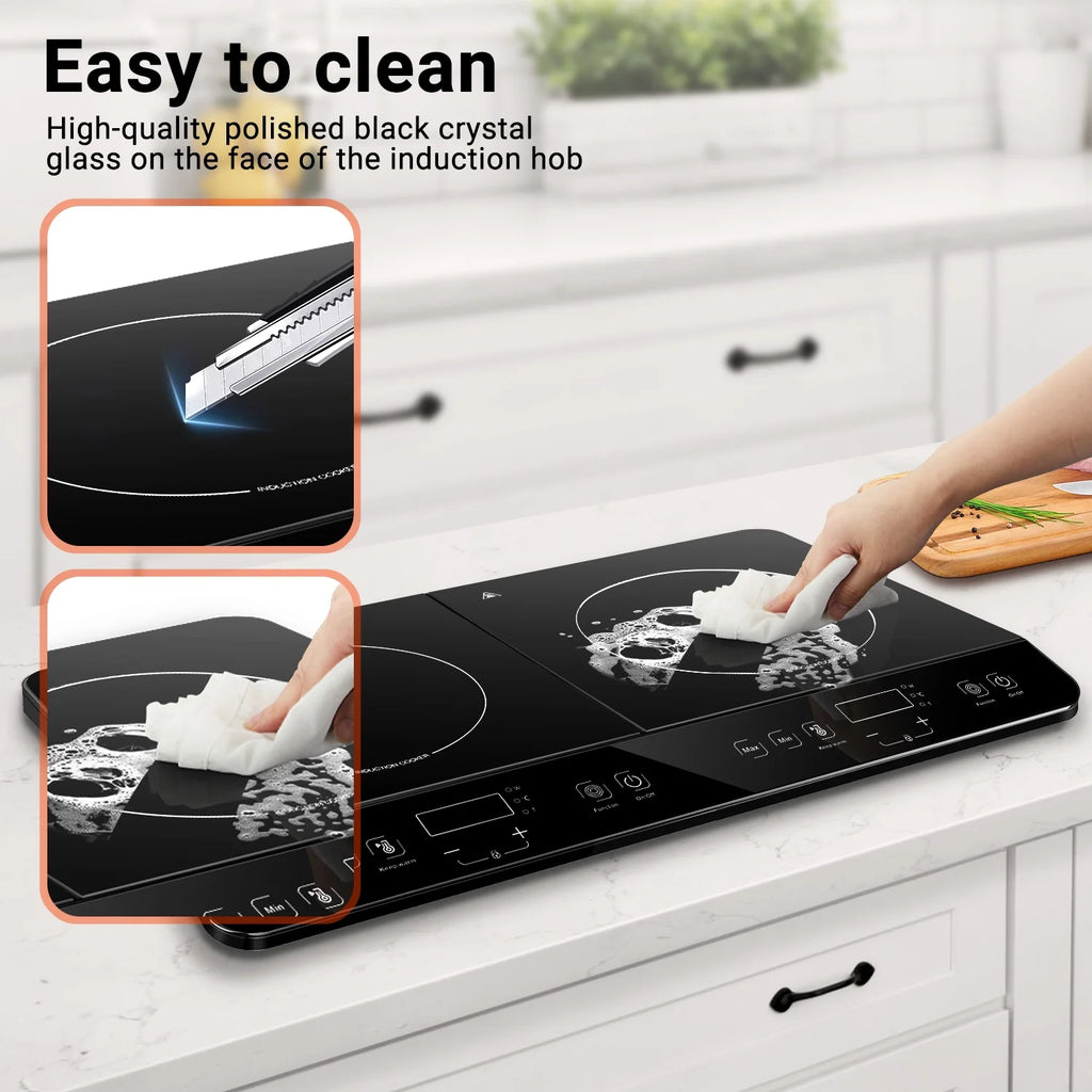 Aobosi Double Induction Cooktop with 2 Burners. 1800W Electric Stove Cooktop with Sensor Touch. 10 Temperature 9 Power Settings