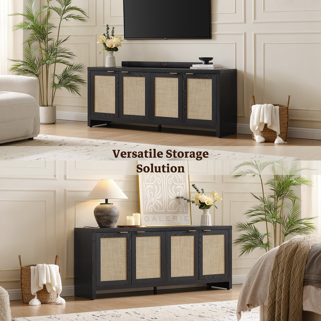 SICOTAS 61.5W Rattan TV Stand with 4 Doors. Boho Entertainment Center with Adjustable Shelves & Spacious Countertop �C Large Boho Farmhouse Media Console for Living Room. Reclaimed Caramel Oak