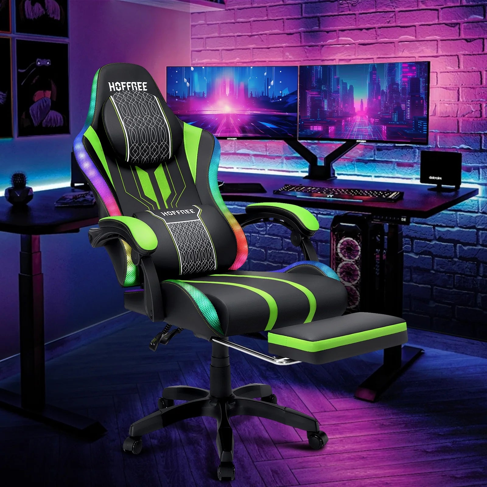 HOFFREE Big and Tall Gaming Chair with Speakers and RGB Lights. Gamer Chair with Footrest. Lumbar Support Height Adjustable 360-Swivel Seat and Headrest for Adults. 400lbs