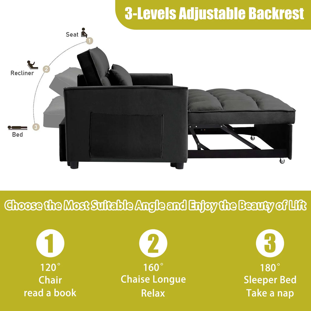 55 Inch Convertible Futon Sofa Bed.Modern Loveseat Sleeper Sofa Couch with Pull-Out Sofa Bed for Living Room.Small Space - Black