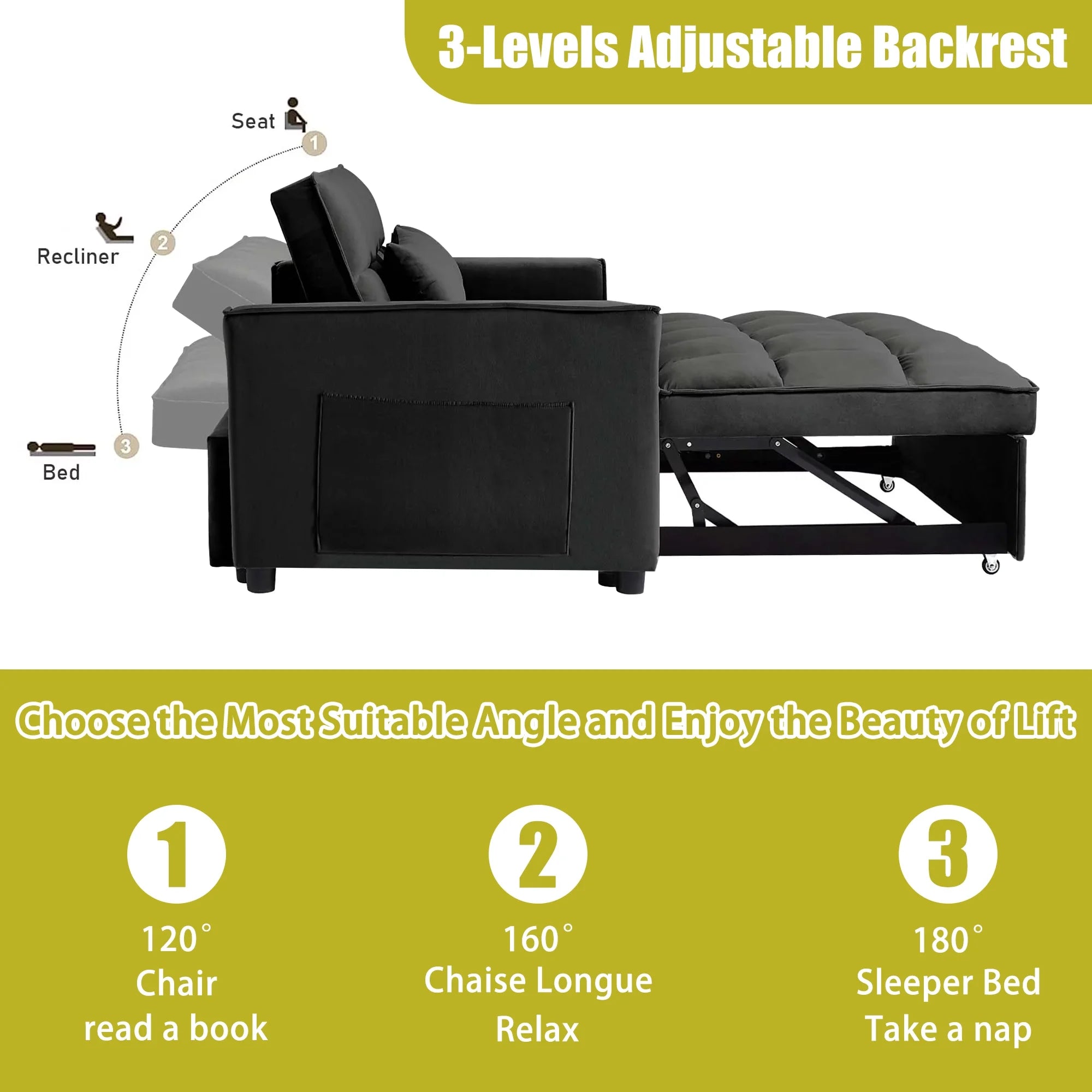 55 Inch Convertible Futon Sofa Bed.Modern Loveseat Sleeper Sofa Couch with Pull-Out Sofa Bed for Living Room.Small Space - Black