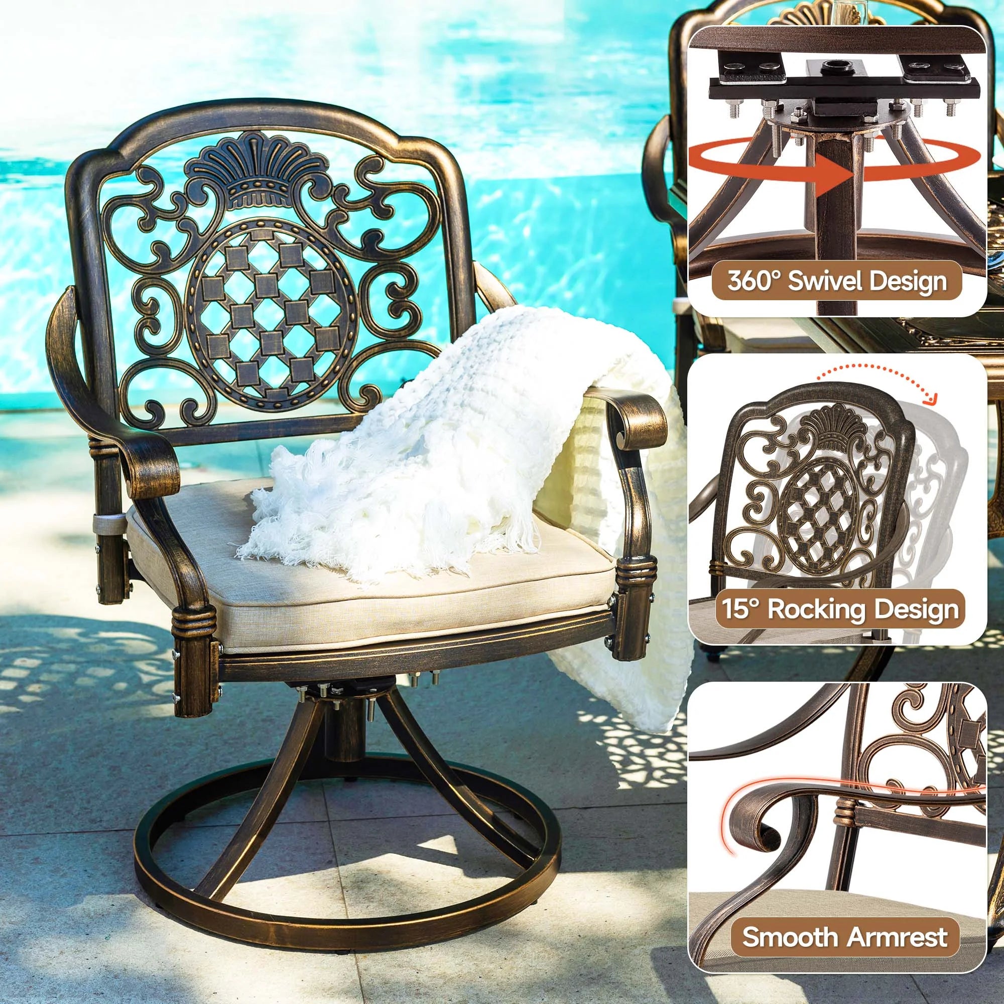 7-Piece Patio Furniture Dining Set. All-Weather Cast Aluminum Outdoor Table and Chairs for 6. Includes 4 Dining Chair & 2 Swivel Chairs & 60���� Rectangular Table. Beige