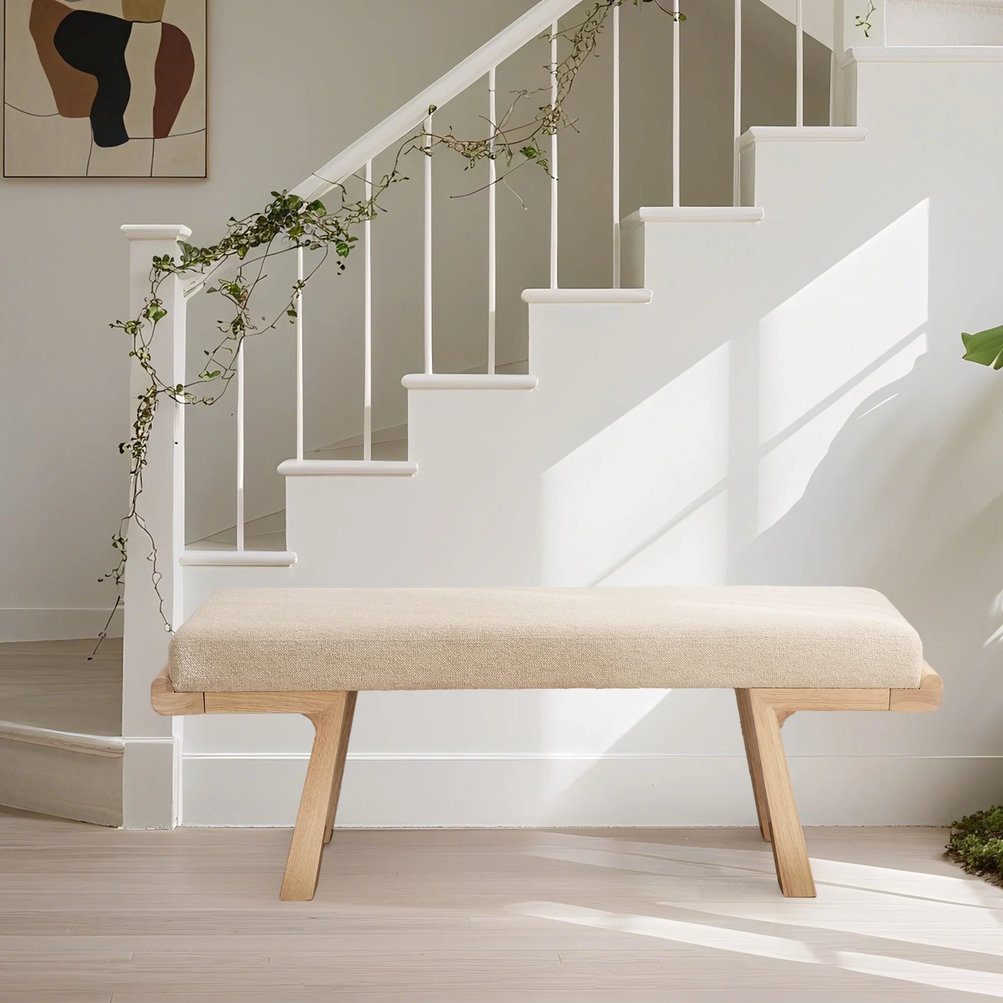 Zesthouse 47.4 Linen Upholstered Bench. Entryway Bench with Solid Wood Legs. Modern Ottoman Bench for Living Bedroom Room. Beige