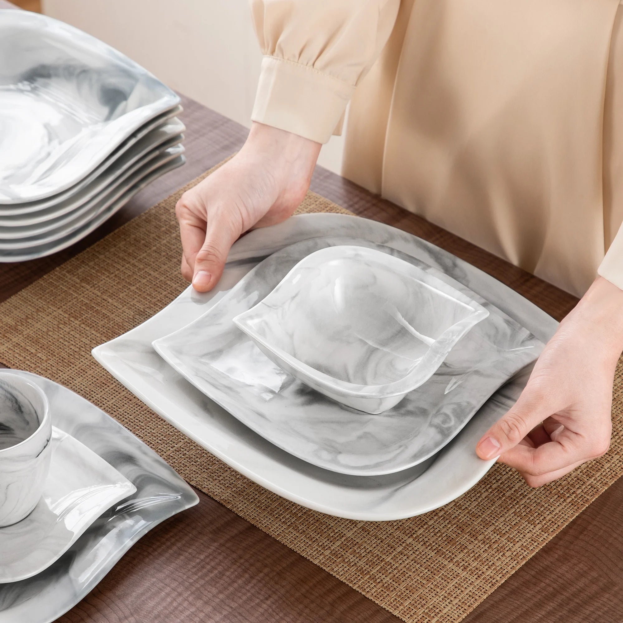 vancasso 36 pcs Dinnerware Sets. Plates and Bowls Set for 6. Porcelain Dinner Set. Marble Gray