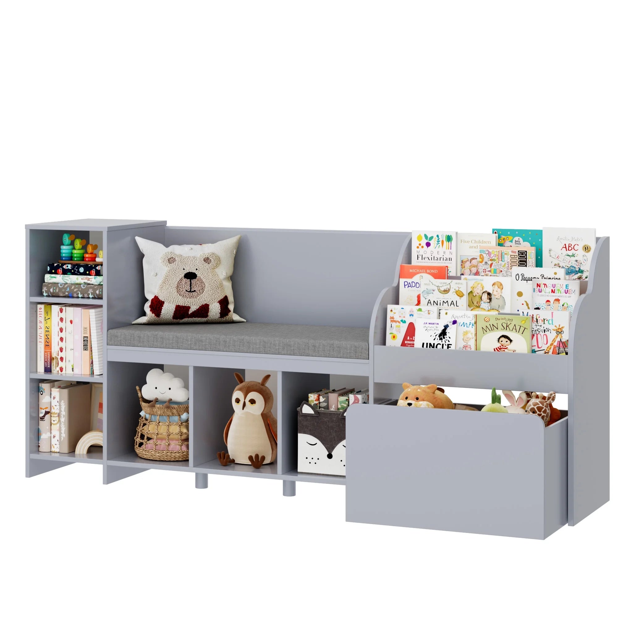 Homfa Kids Bookshelf with Reading Nook. 6 Shelf Bookcase with 1 Wood Toy Bin with 3 Tier Book Rack for Children Kidsroom