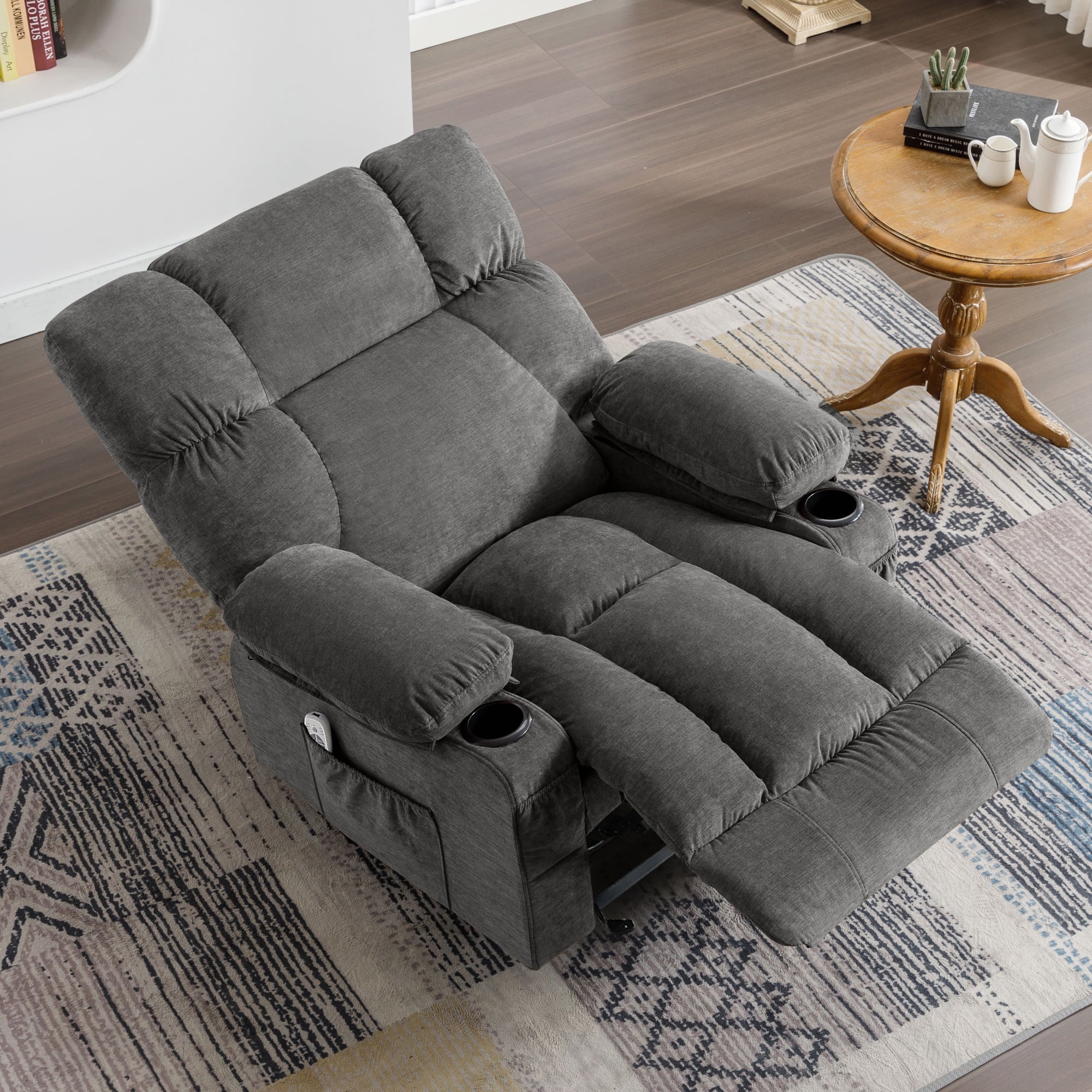 JONPONY Manual Recliner Chair with Heat Therapy and Massage Function. Heavy Duty Reclining Mechanism Massage Chair. Elderly Single Rocker Sofa with Cup Holders for Bedroom Home Theater.Grey