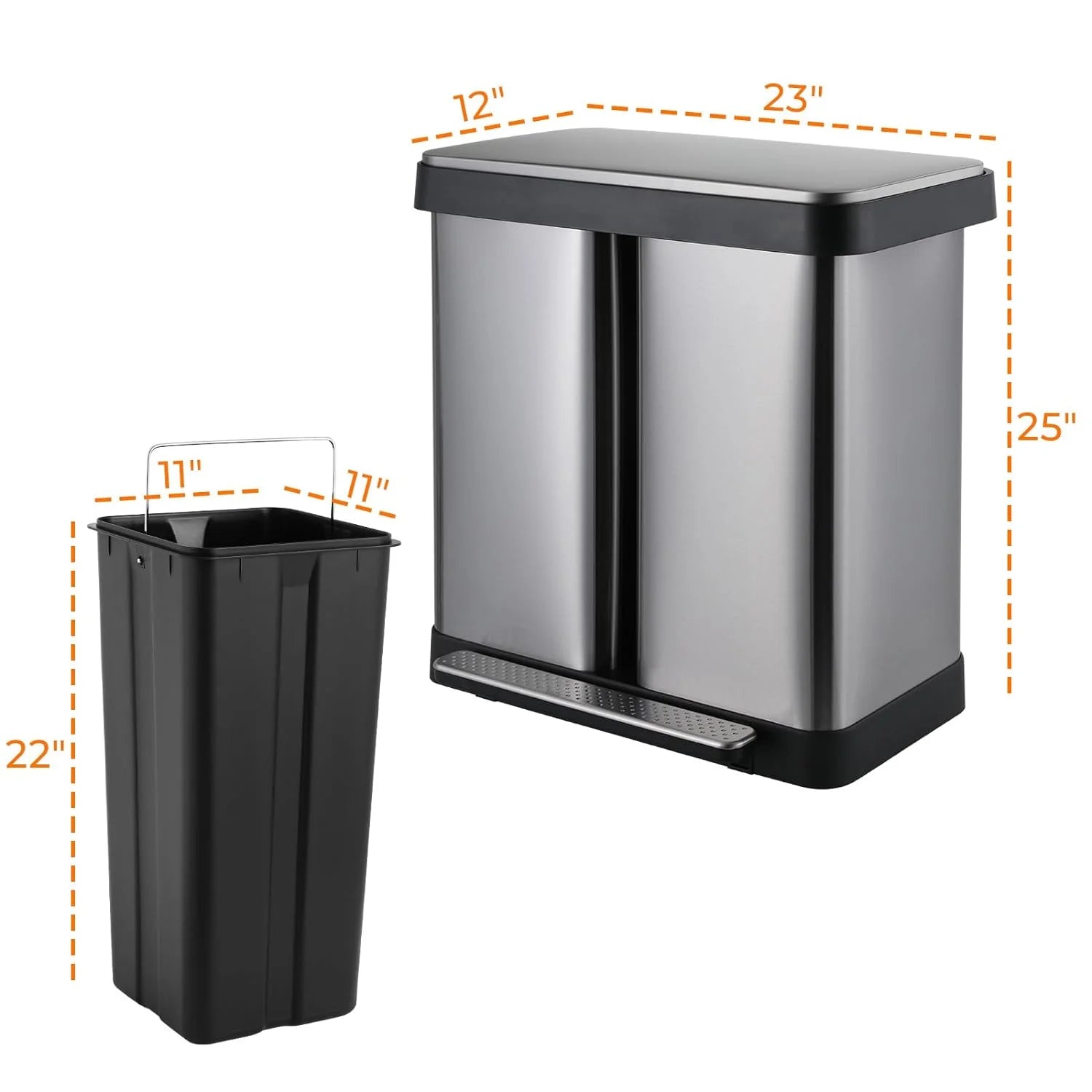 Arlopu 16 Gallon / 60L Dual Trash Can. Stainless Steel Kitchen Garbage Can with Soft-Close Lid. Home Office Classified Recycle Bin