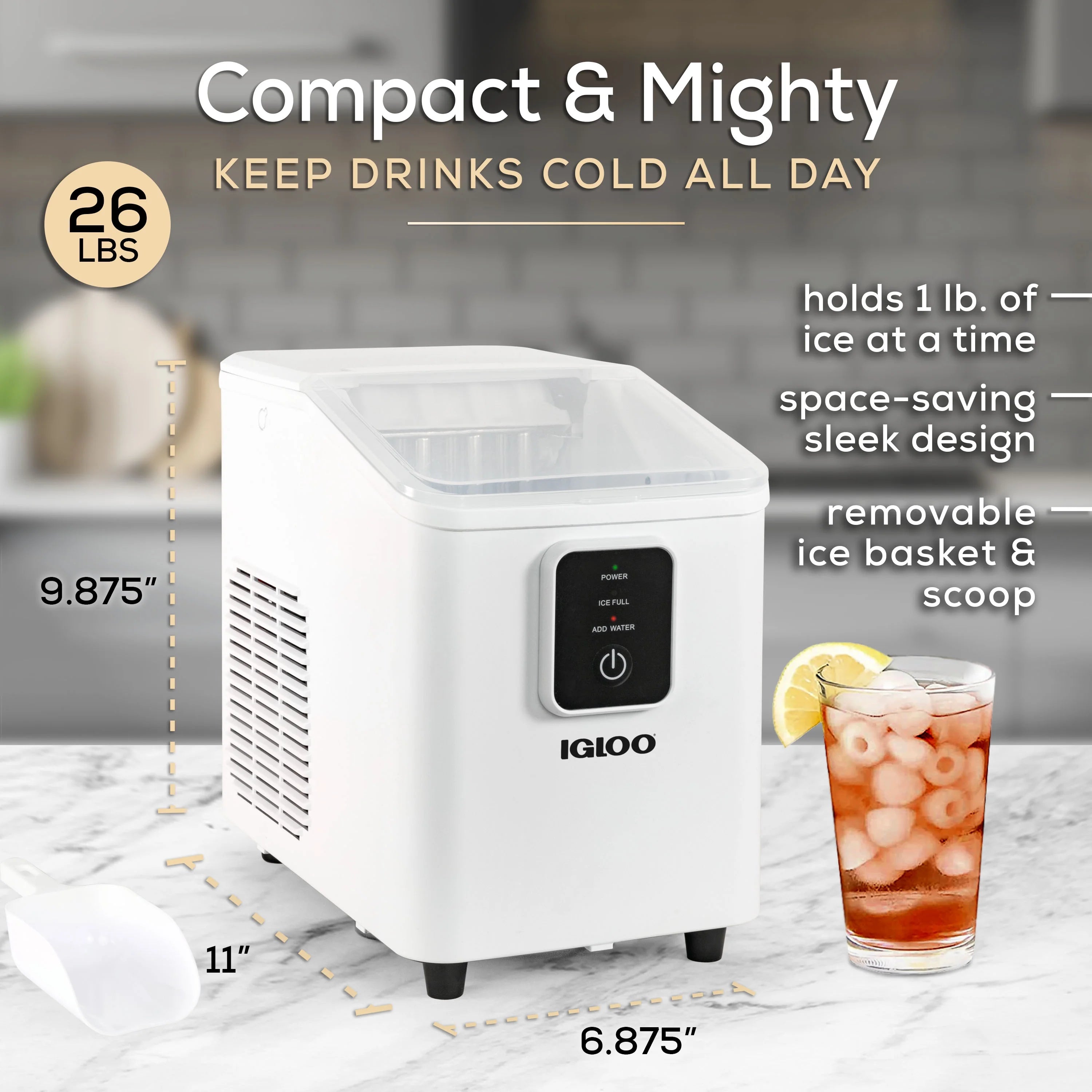 Igloo Self-Cleaning Countertop Ice Maker - Compact and Portable - Creates 26 lbs. Per Day. 8 Pieces Ready Every 7-8 Minutes - Includes Ice Scoop and Basket - Aqua