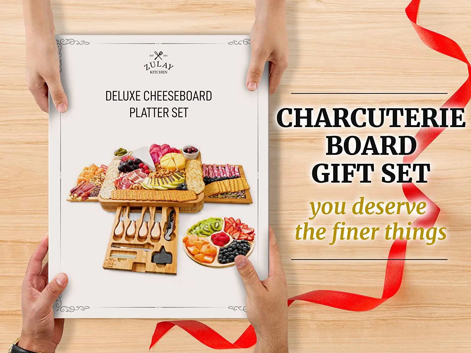 Zulay Kitchen Bamboo Cheese Board Set Extra Thick Charcuterie Board 15 Piece - Deluxe Set
