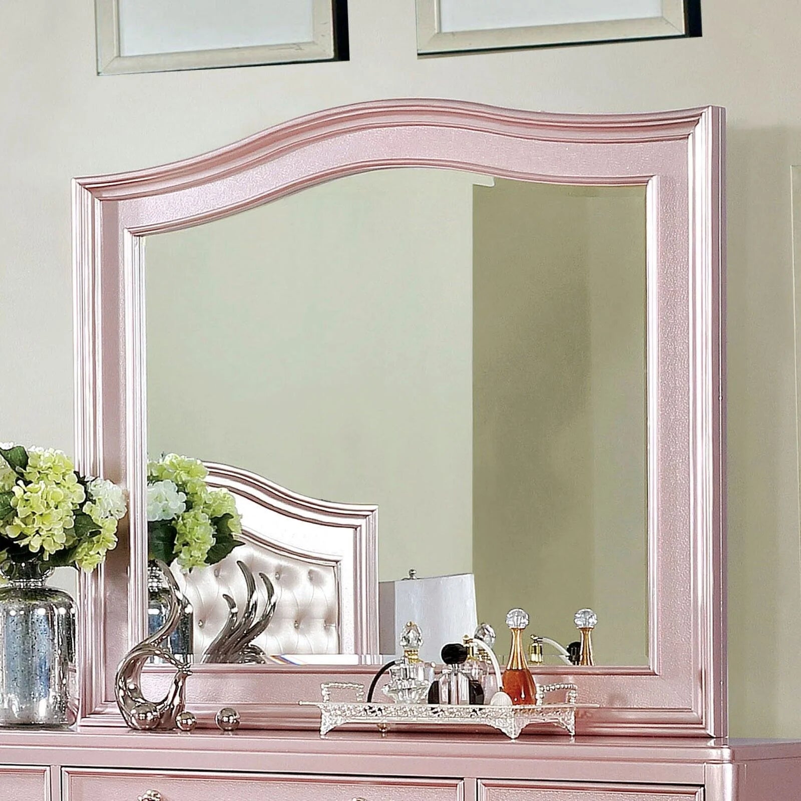 Contemporary Rose Gold Twin Size Bed 6pc Set Dresser Mirror Nightstand Chest Padded HB Tufted Bedroom Furniture Solid wood