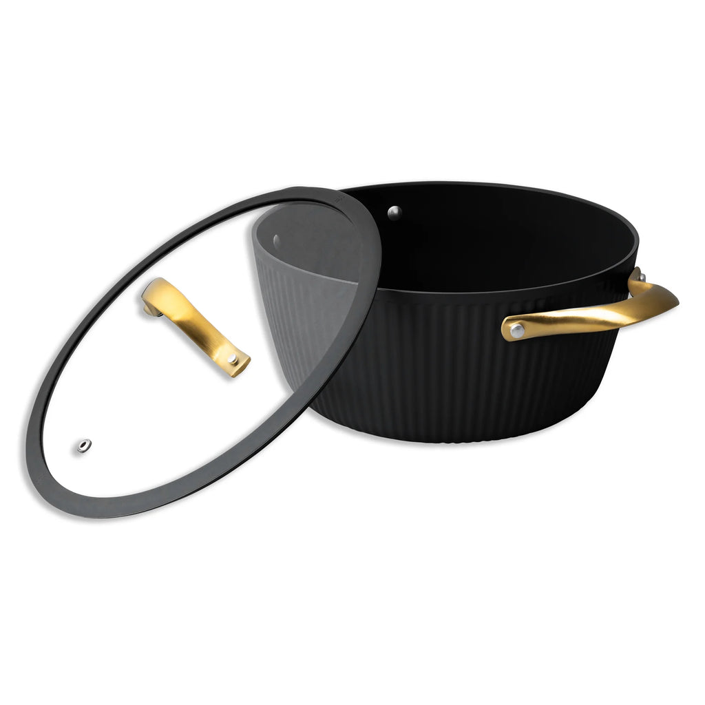 Thyme & Table 12-Piece Nonstick Signature Ribbed Cookware Set. Pots and Pans Set - Black & Gold