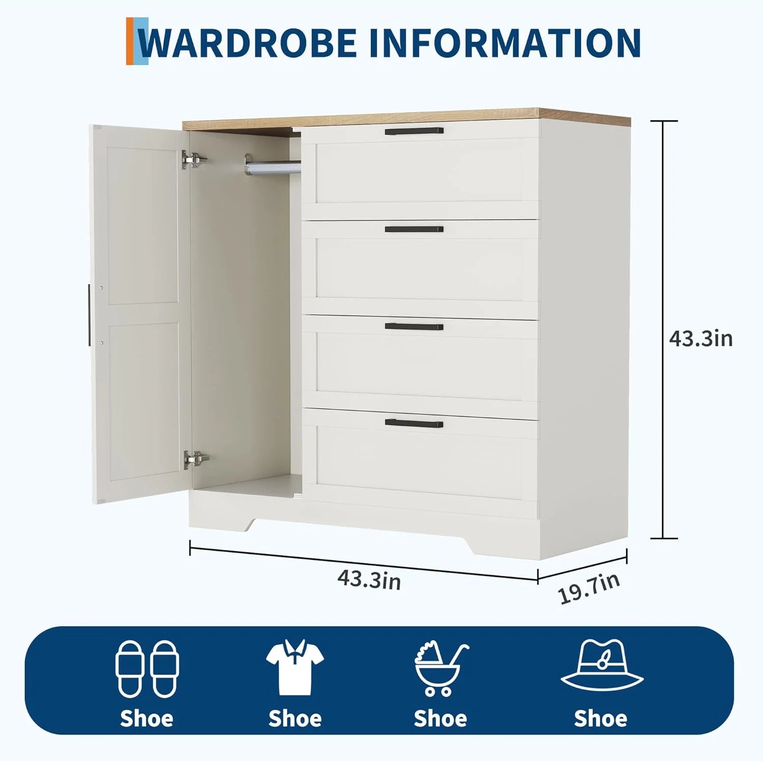 43.3 H Armoire Wardrobe Closet with 4 Drawers & Hanging Rod. Multifunctional Wood Storage Cabinet for Bedroom. Natural Oak
