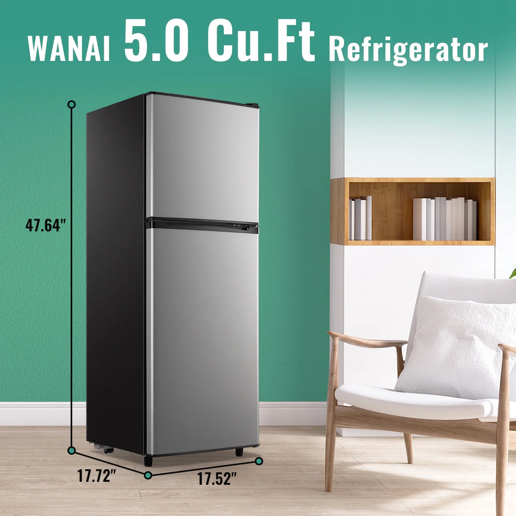 WANAI 5.0 Cu.ft Mini Refrigerator with Freezer 7 Settings Temp Adjustable Large Compact Fridge Silver