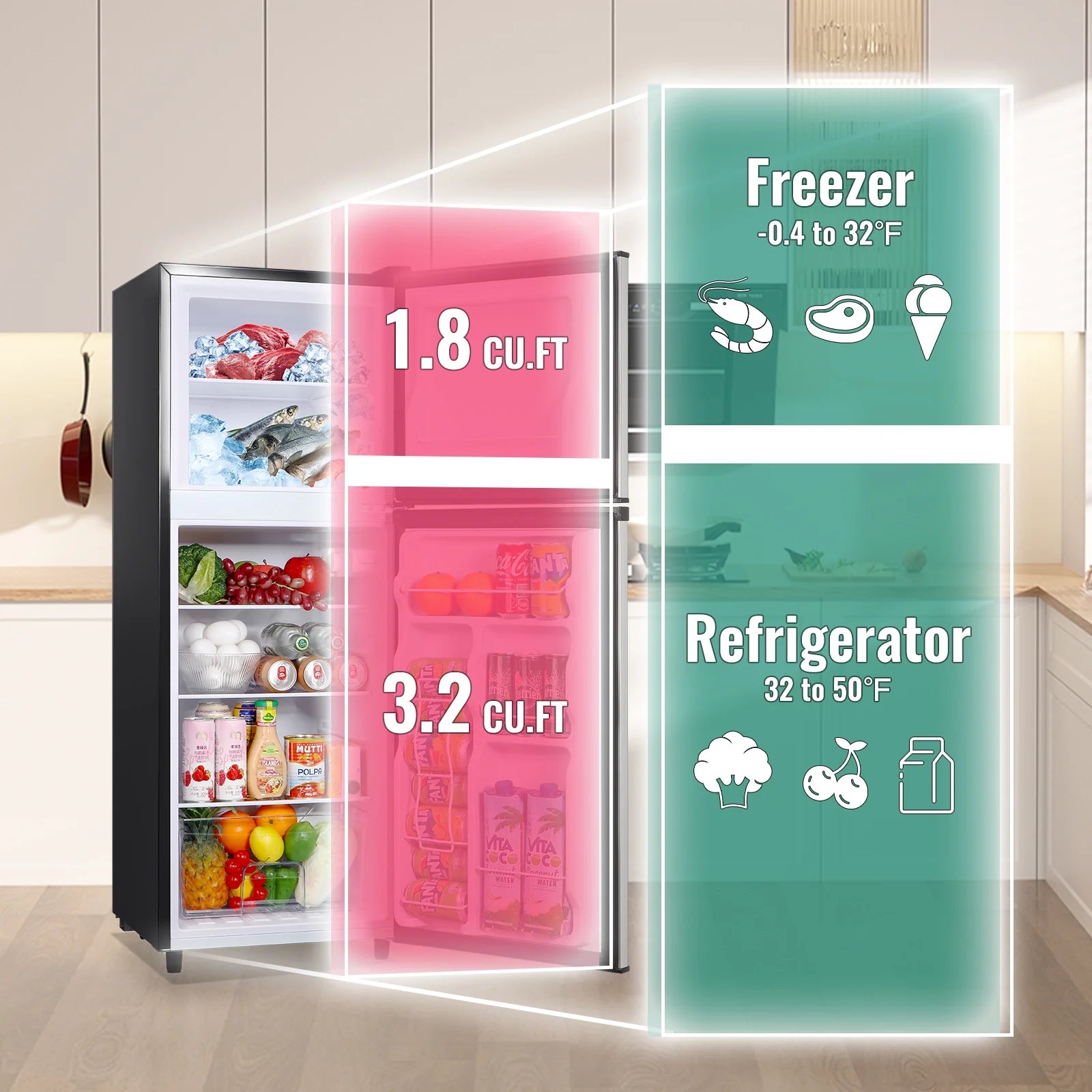 WANAI 5.0 Cu.ft Mini Refrigerator with Freezer 7 Settings Temp Adjustable Large Compact Fridge Silver