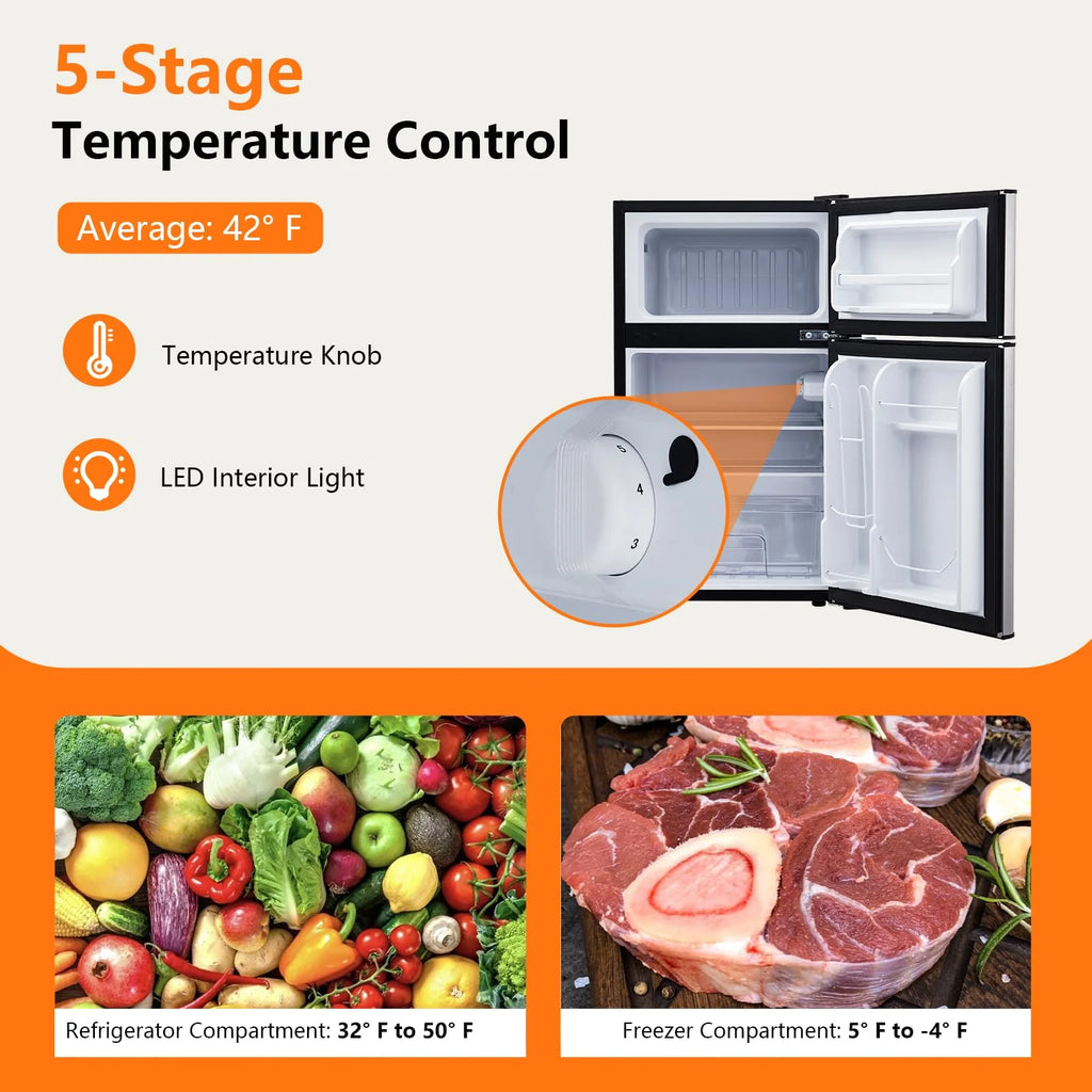 3.2 Cu. Ft Mini Fridge with Freezer. Small Refrigerators Double Door Stainless Steel. 5 Adjustable Thermostat Settings. Compact Internal Freezer with Crisper Drawer for Apartment Dorm. Silver