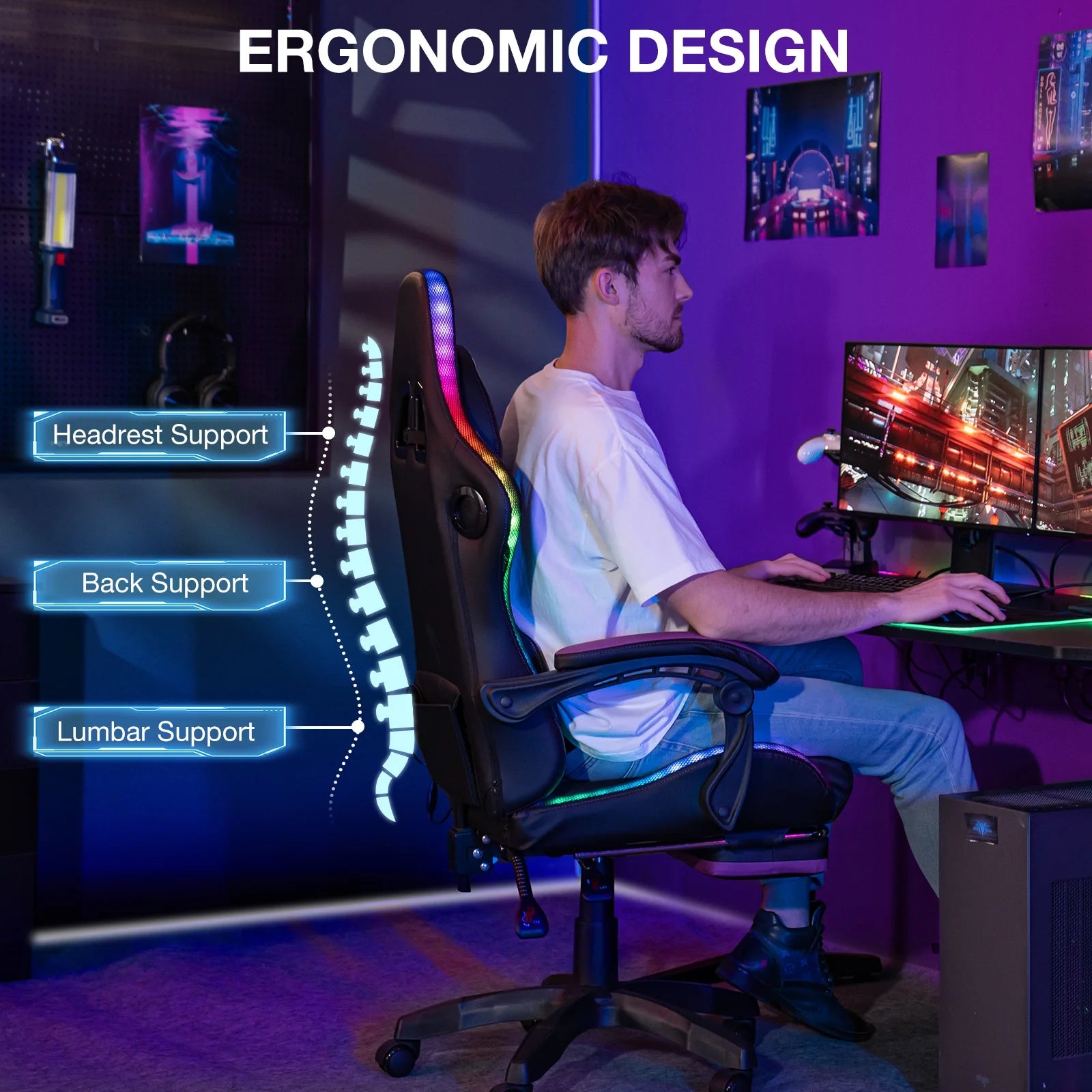 HOFFREE Big and Tall Gaming Chair with Speakers and RGB Lights. Gamer Chair with Footrest. Lumbar Support Height Adjustable 360-Swivel Seat and Headrest for Adults. 400lbs