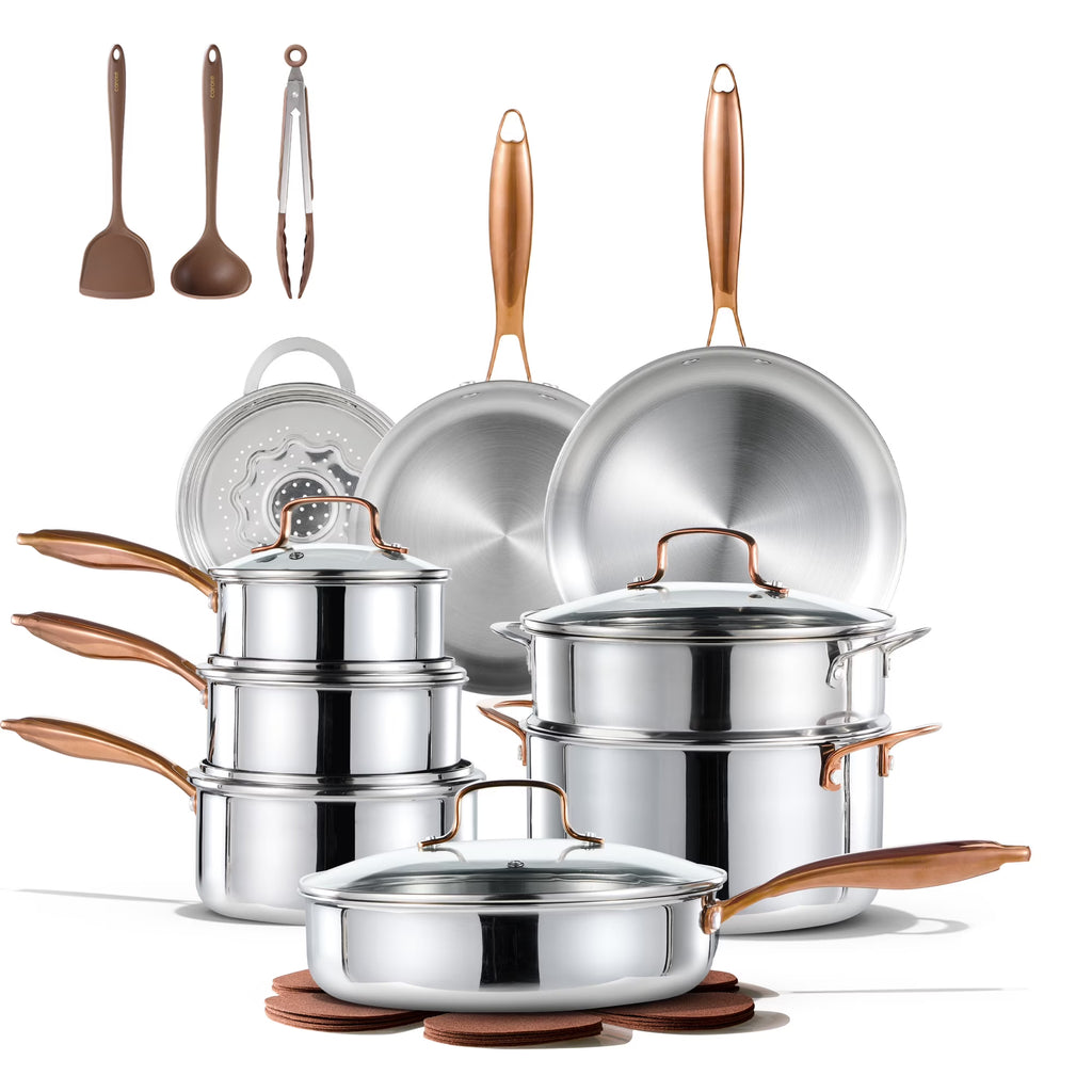 Carote 23-Piece Tri-Ply Stainless Steel Cookware Set with Lids. Nonstick Induction Compatible Pots & Pans Set. Oven Safe