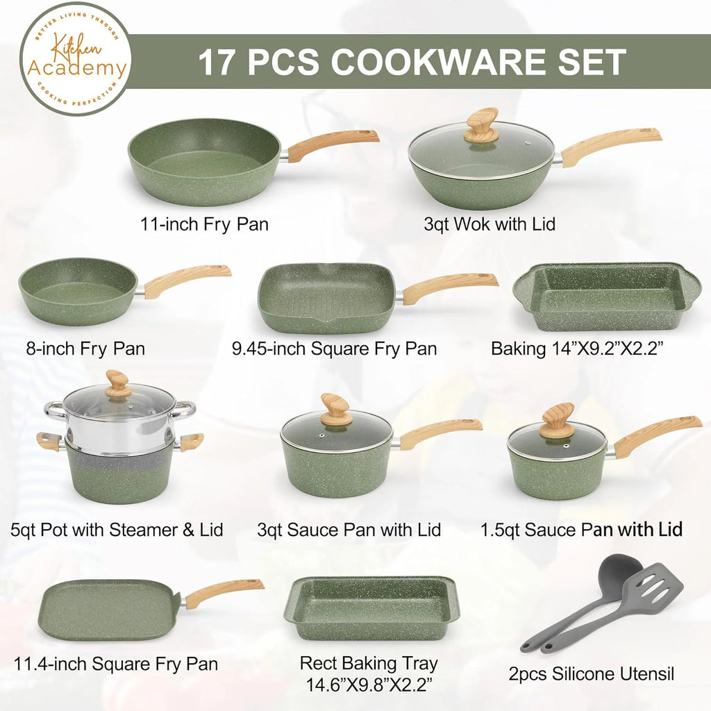 Kitchen Academy 17 Pieces Induction Cookware Set with Griddle. Green Granite Pots and Pans Set Non Stick. Healthy Nonstick Cooking Pans Set