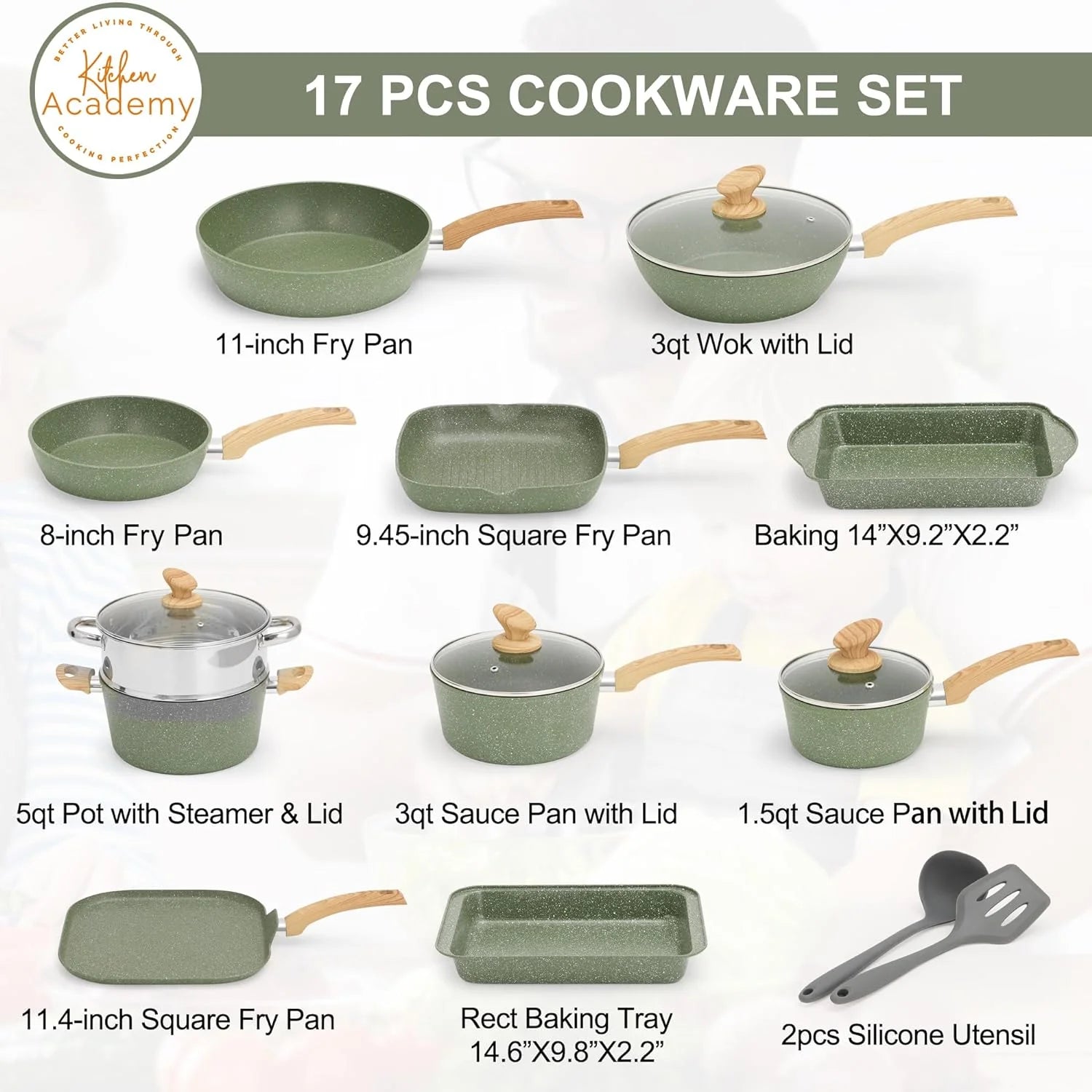 Kitchen Academy 17 Pieces Induction Cookware Set with Griddle. Green Granite Pots and Pans Set Non Stick. Healthy Nonstick Cooking Pans Set