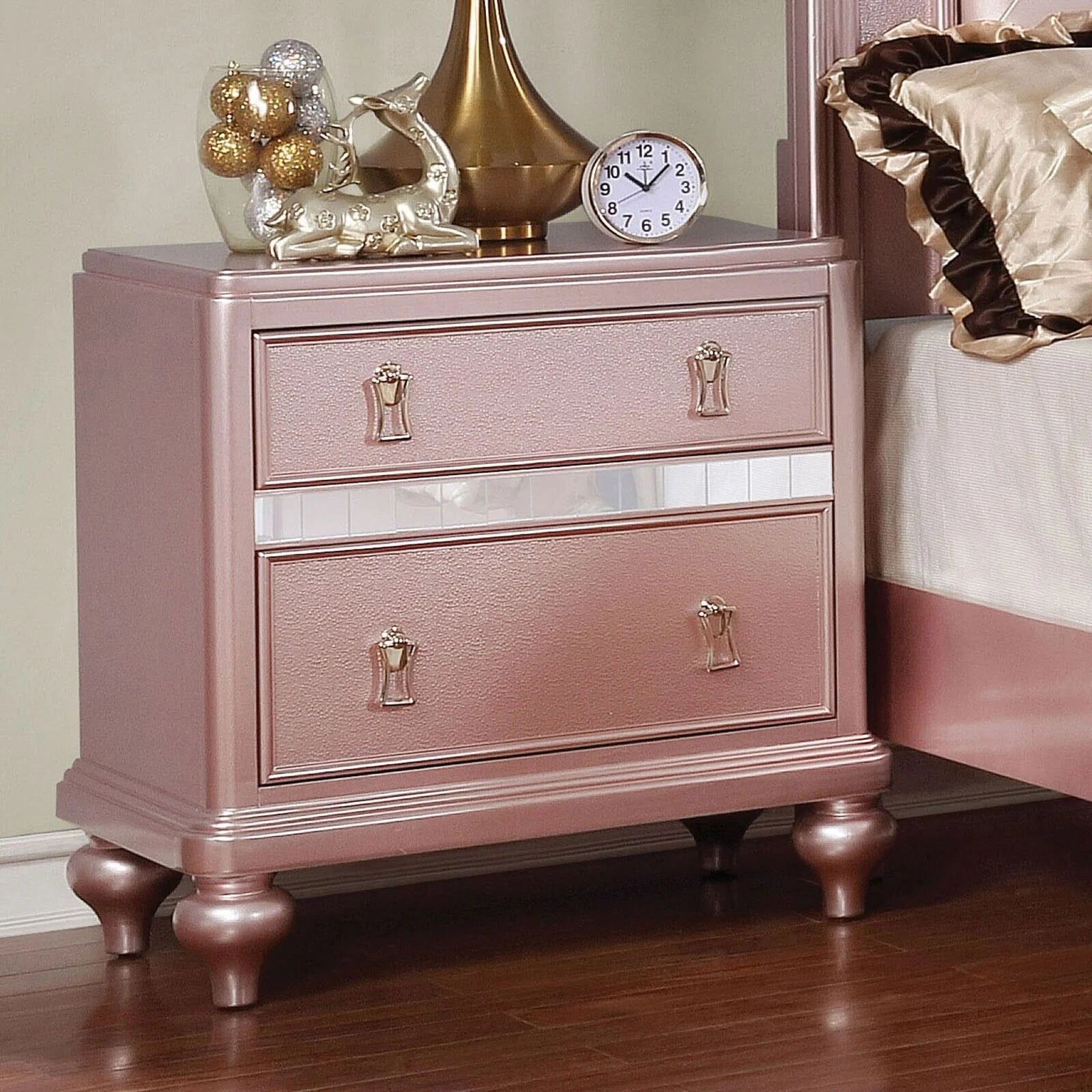 Contemporary Rose Gold Twin Size Bed 6pc Set Dresser Mirror Nightstand Chest Padded HB Tufted Bedroom Furniture Solid wood