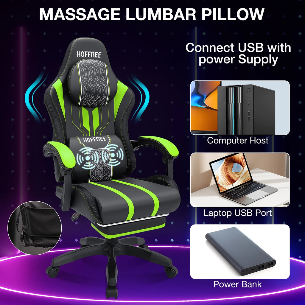 HOFFREE Big and Tall Gaming Chair with Speakers and RGB Lights. Gamer Chair with Footrest. Lumbar Support Height Adjustable 360-Swivel Seat and Headrest for Adults. 400lbs