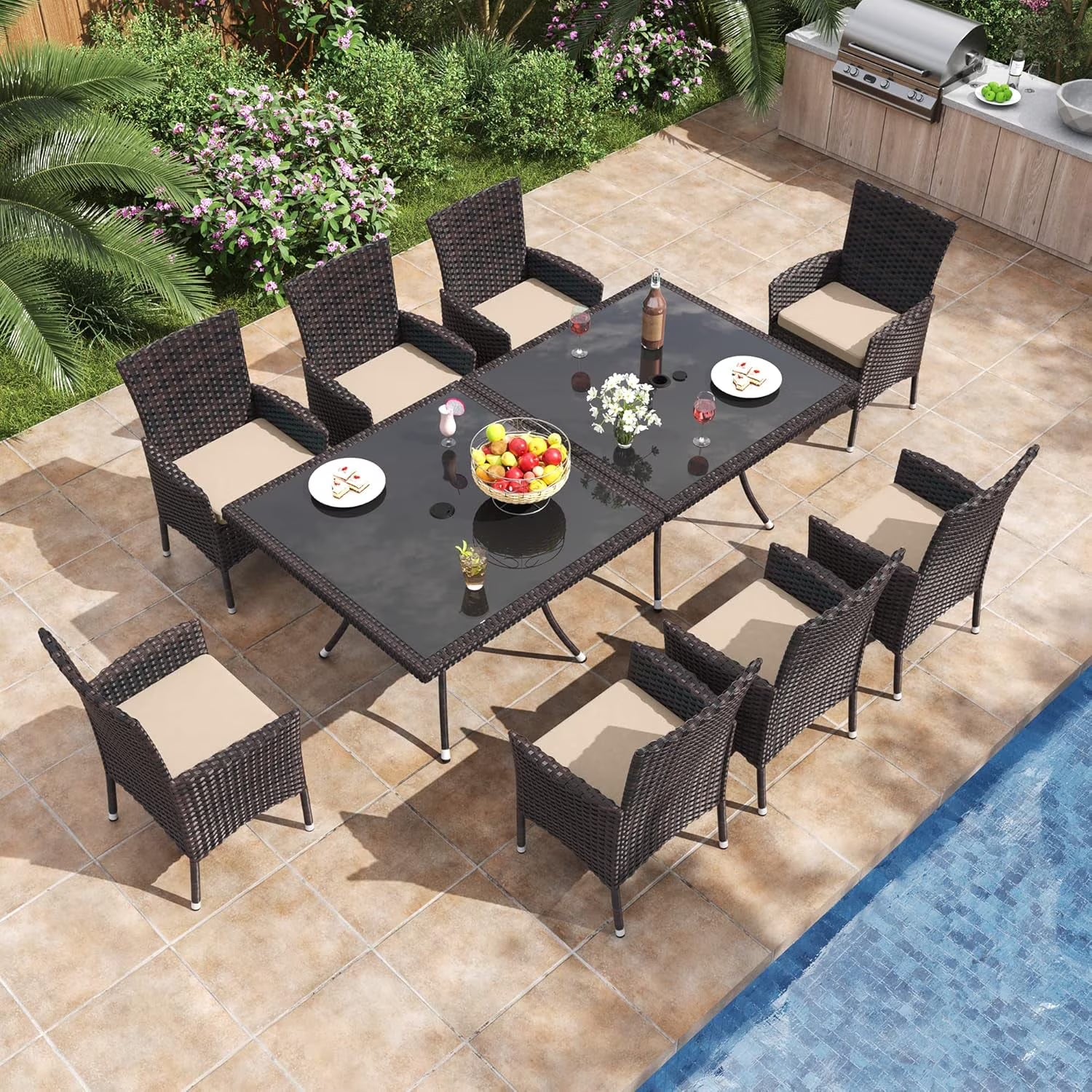 ALAULM 5 Pieces Patio Dining Set Outdoor Rattan Furniture with Square Glass Tabletop 4 Chairs with Cushions for Patio. Backyard Outdoor Kitchen Lawn & Garden Blue