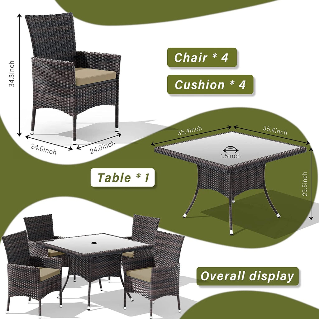 ALAULM 5 Pieces Patio Dining Set Outdoor Rattan Furniture with Square Glass Tabletop 4 Chairs with Cushions for Patio. Backyard Outdoor Kitchen Lawn & Garden Blue