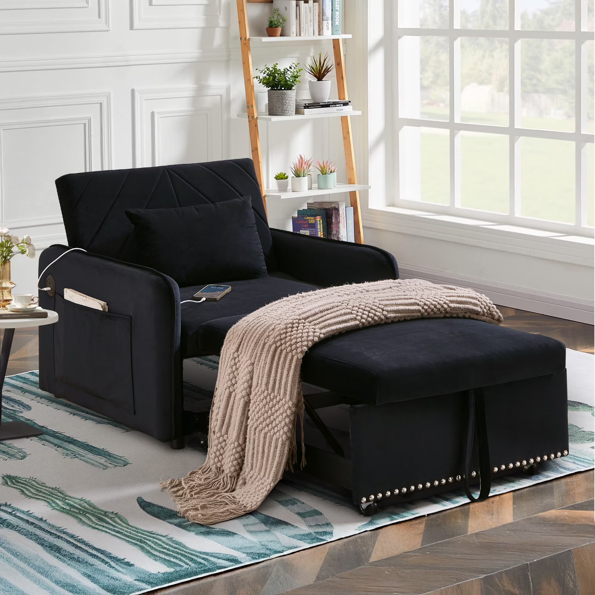 Lunale 3-in-1 Convertible Sleeper Chair Bed. Indoor Lounge Chair with USB/Type-C Charging Ports. Modern Recliner Sofa for Living Room. Gray Velvet