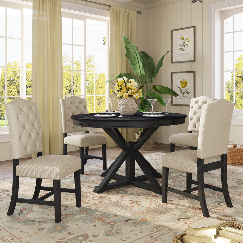 Besthome Farmhouse Extendable Round Kitchen Dining Room Table Set with Upholstered Chairs of 4. 5 Piece Round Dining Table Set with Extendable Table. Espresso