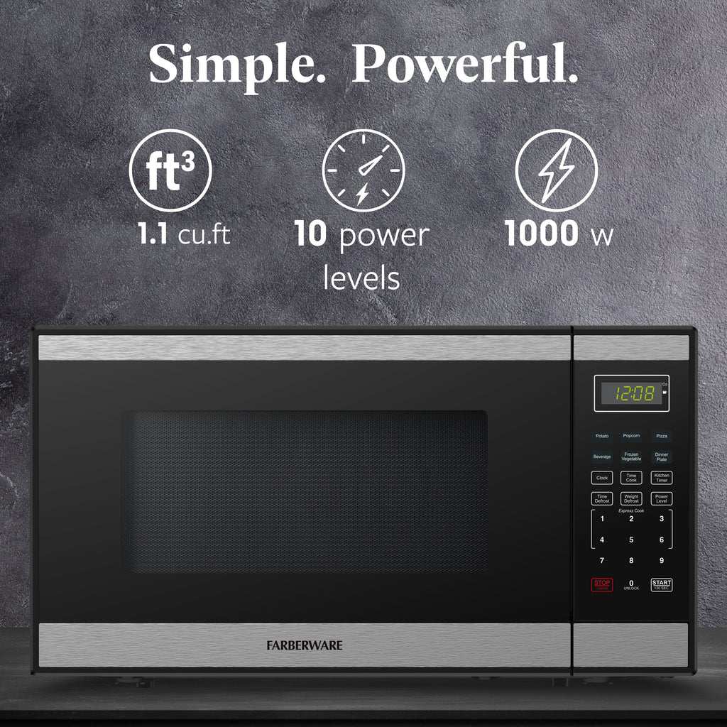 Farberware Countertop Microwave Ov 1100 Watts. 2.2 cu ft - Smart Sensor With LED Lighting and Child Lock - Perfect for Apartments and Dorms - Easy Clean Black Interior. Stainless Steel