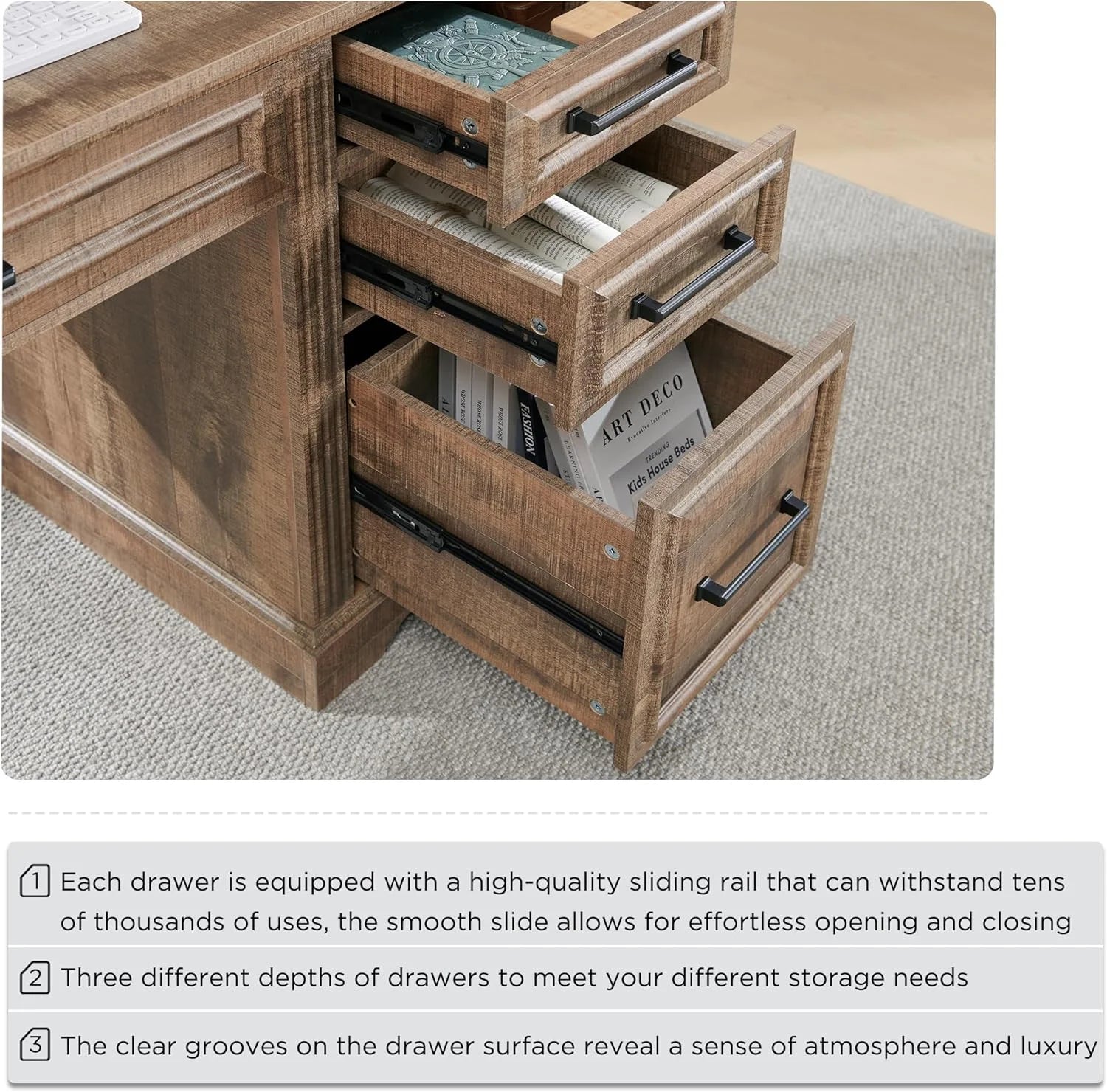 T4TREAM Farmhouse Wood 58 Executive Desk. Home Office 30 High Computer Desk with Drawers and Storage Cabinet. White