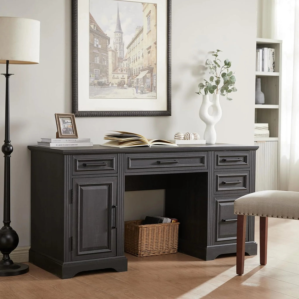 T4TREAM Farmhouse Wood 58 Executive Desk. Home Office 30 High Computer Desk with Drawers and Storage Cabinet. White