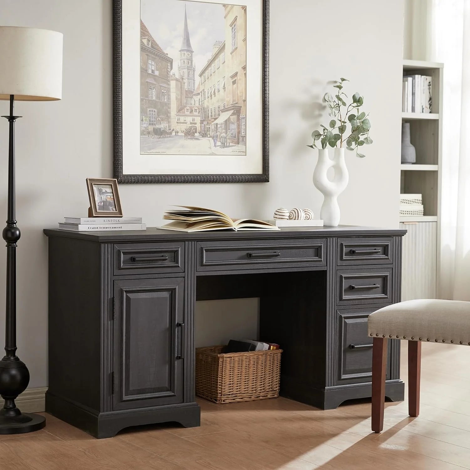 T4TREAM Farmhouse Wood 58 Executive Desk. Home Office 30 High Computer Desk with Drawers and Storage Cabinet. White
