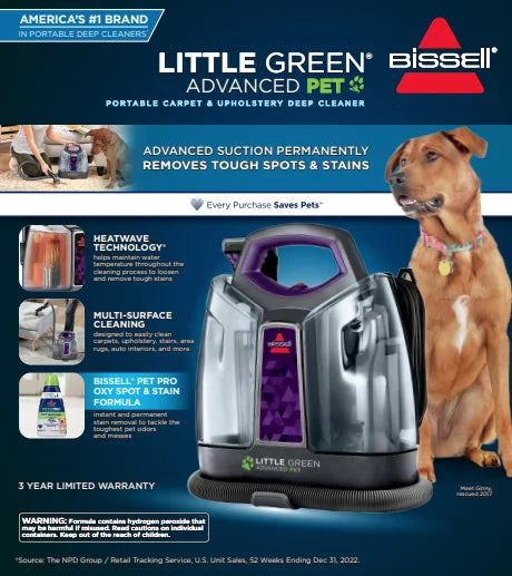 BISSELL Littlle Green ProHeat Advanced Pet Portable Deep Cleaning. for Carpet. Upholstery. and Auto. tough stain removal. Heatwave Technology. Lightweight. 2513W