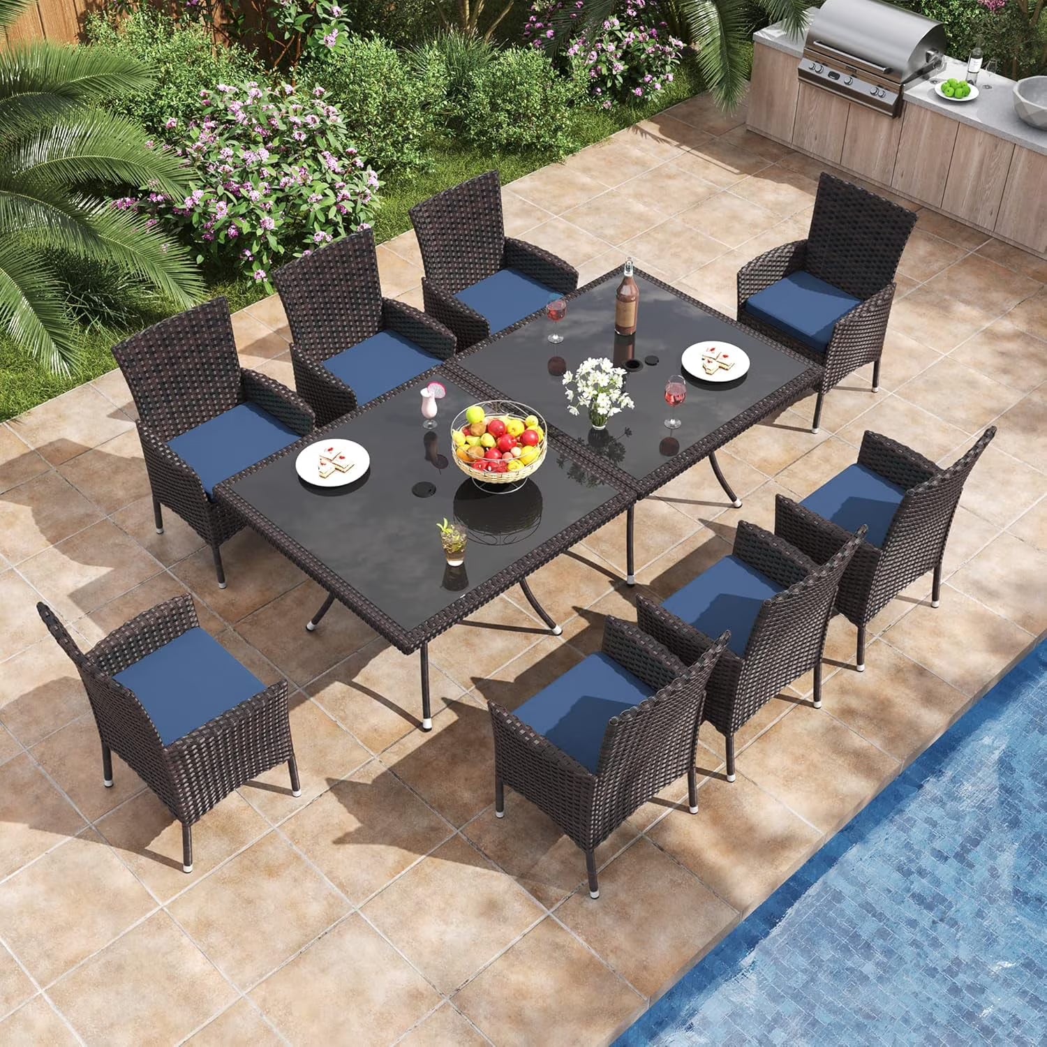 ALAULM 5 Pieces Patio Dining Set Outdoor Rattan Furniture with Square Glass Tabletop 4 Chairs with Cushions for Patio. Backyard Outdoor Kitchen Lawn & Garden Blue