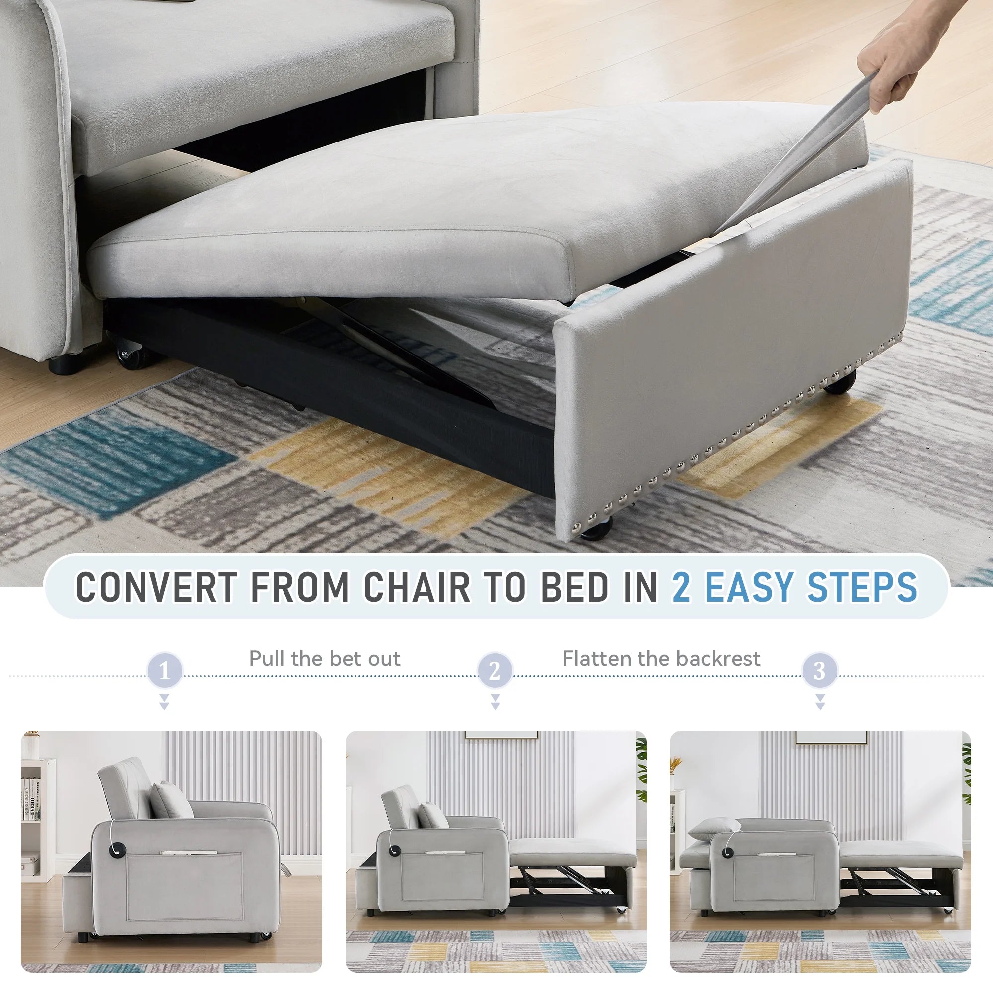 Lunale 3-in-1 Convertible Sleeper Chair Bed. Indoor Lounge Chair with USB/Type-C Charging Ports. Modern Recliner Sofa for Living Room. Gray Velvet